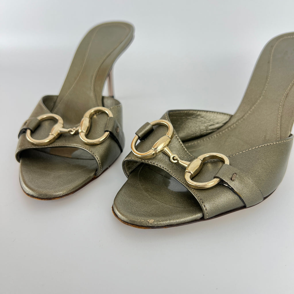 Gucci | Metallic Olive Leather Silver Horse Bit Sandal Stiletto Mules (35)
