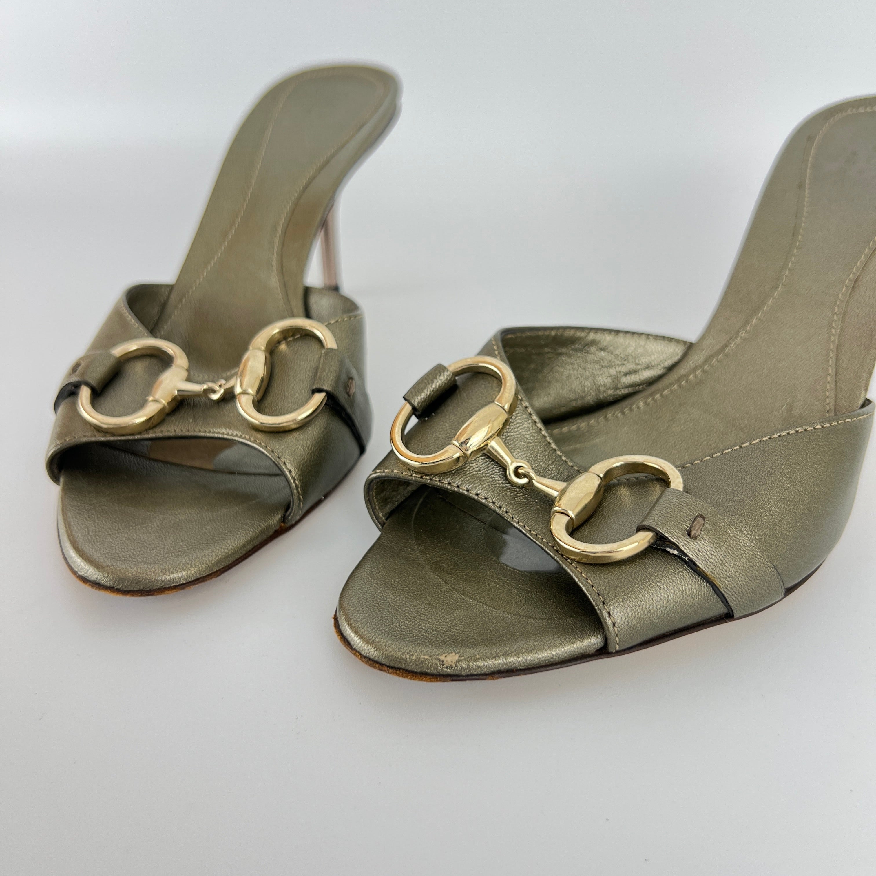 Gucci | Metallic Olive Leather Silver Horse Bit Sandal Stiletto Mules (35)