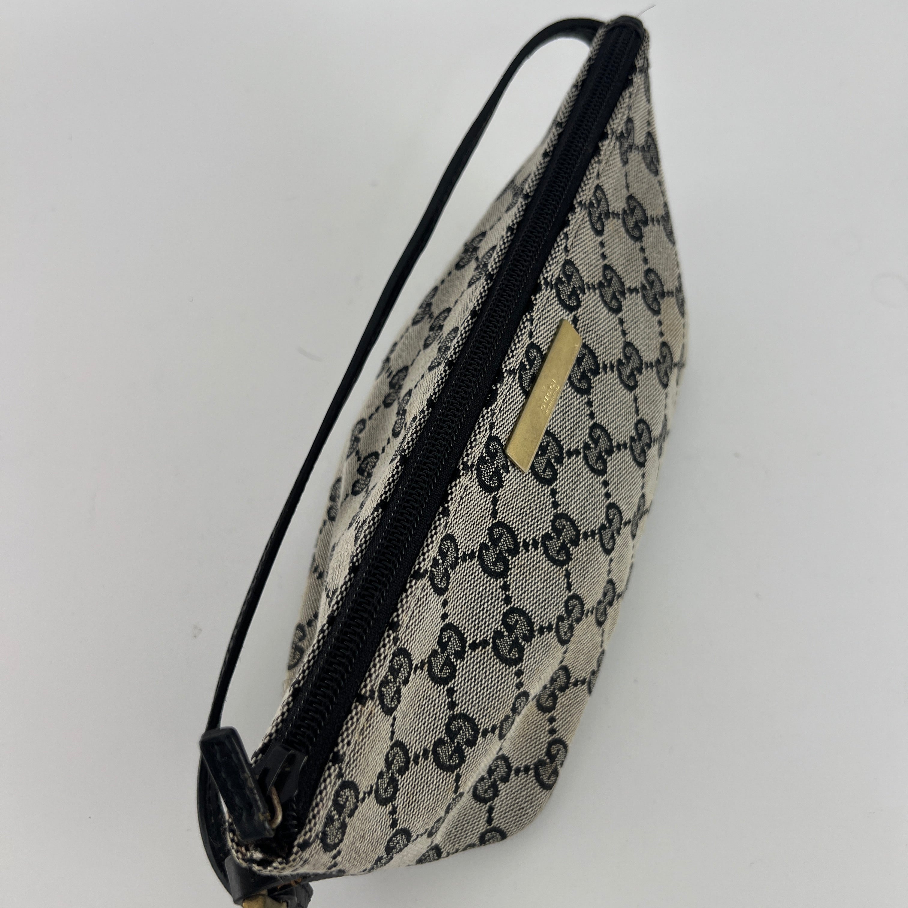 Gucci | Tom Ford Era Boat Pochette GG Monogram Grey Canvas Black Leather Bag