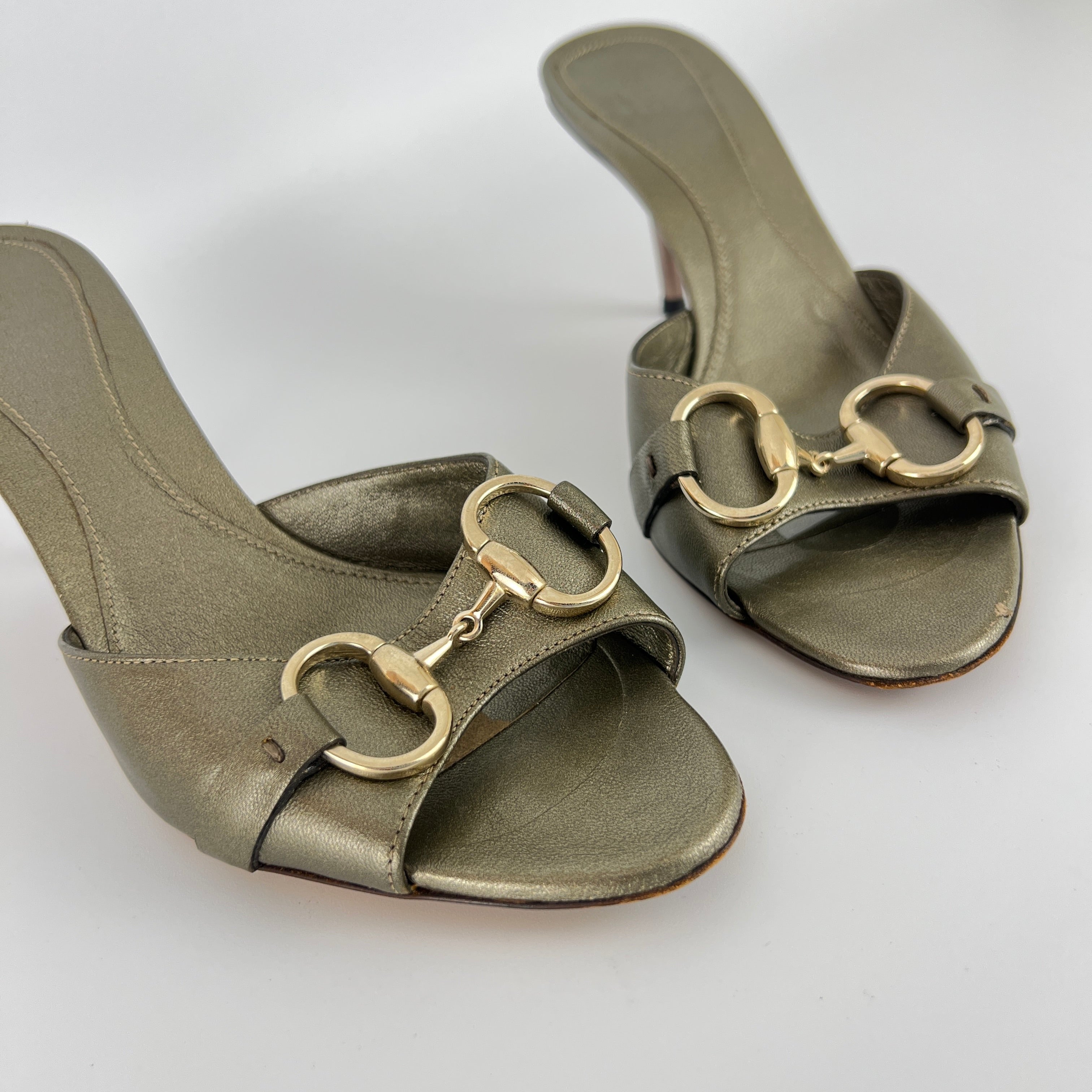 Gucci | Metallic Olive Leather Silver Horse Bit Sandal Stiletto Mules (35)