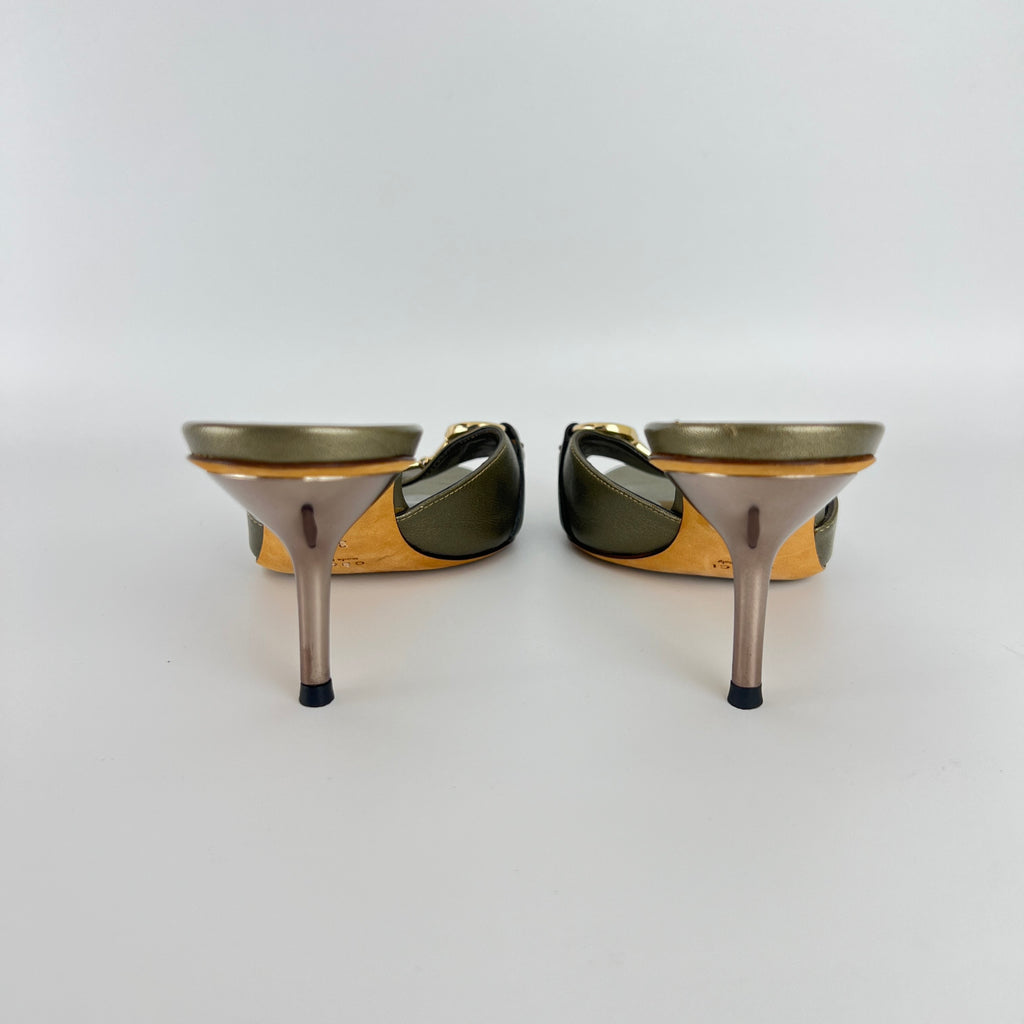 Gucci | Metallic Olive Leather Silver Horse Bit Sandal Stiletto Mules (35)