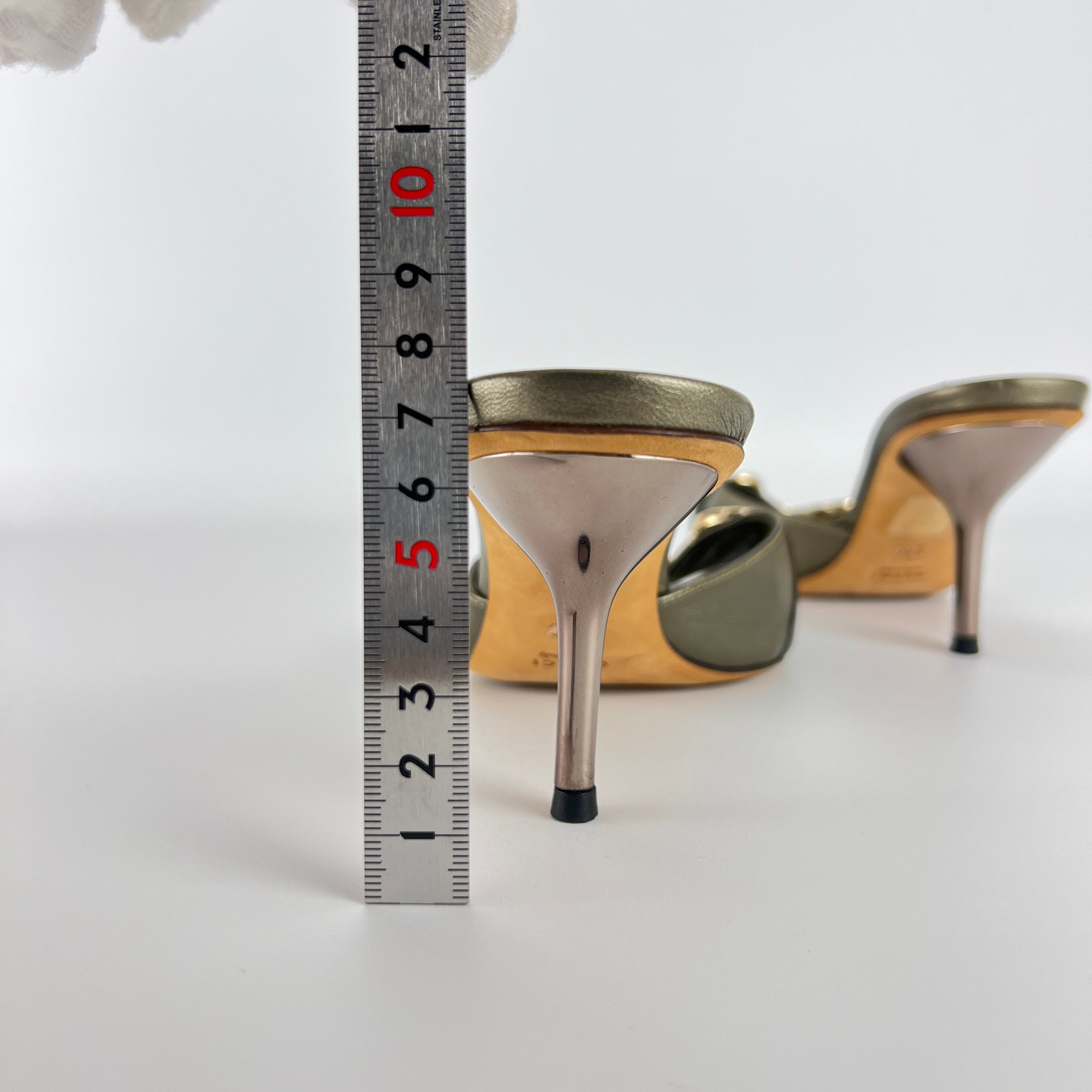 Gucci | Metallic Olive Leather Silver Horse Bit Sandal Stiletto Mules (35)