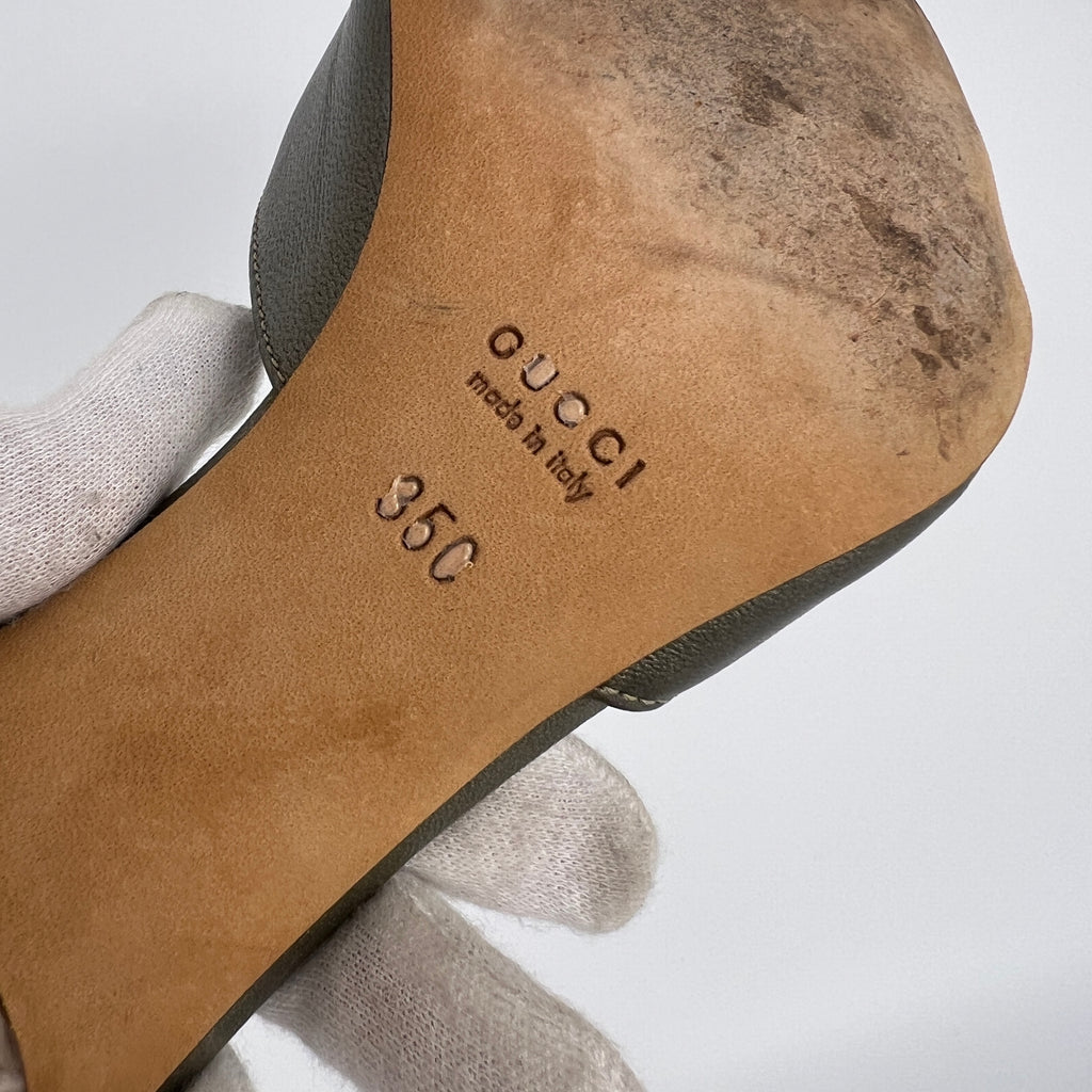 Gucci | Metallic Olive Leather Silver Horse Bit Sandal Stiletto Mules (35)