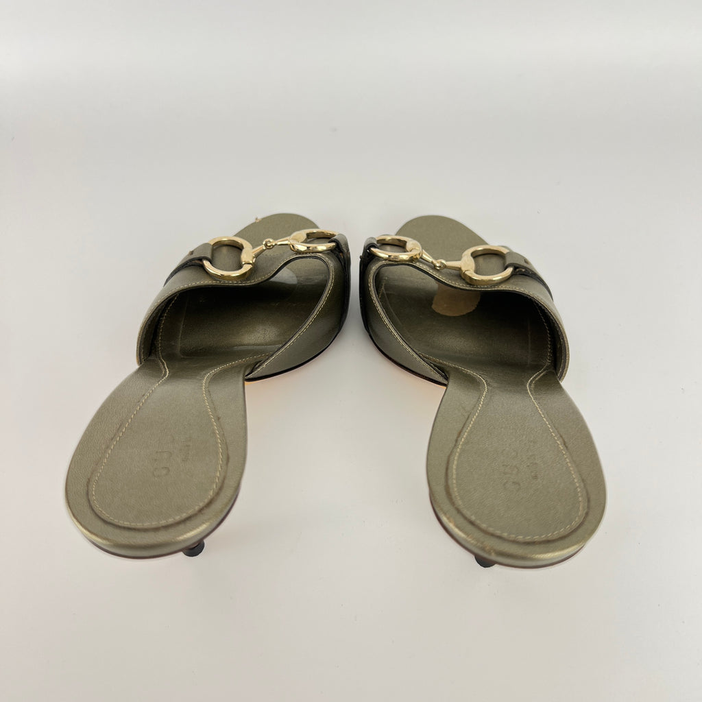 Gucci | Metallic Olive Leather Silver Horse Bit Sandal Stiletto Mules (35)