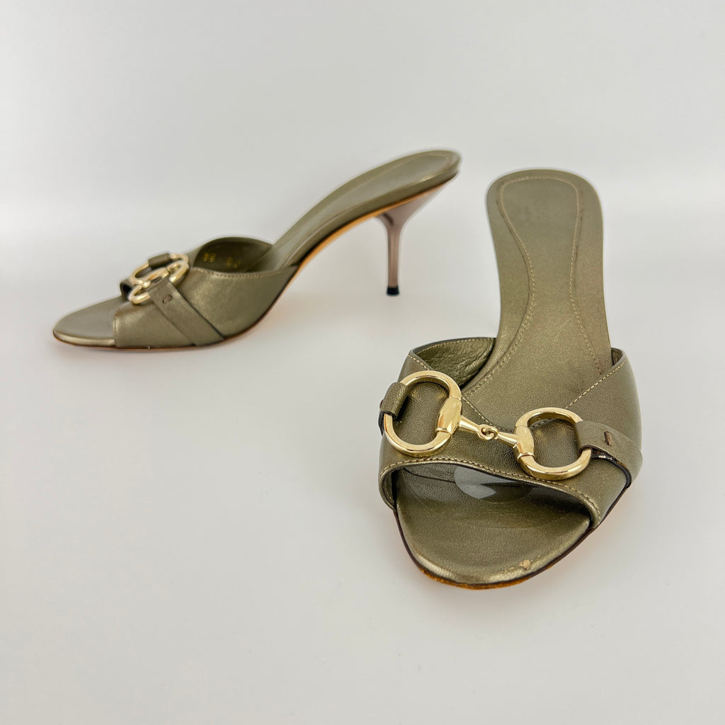Gucci | Metallic Olive Leather Silver Horse Bit Sandal Stiletto Mules (35)