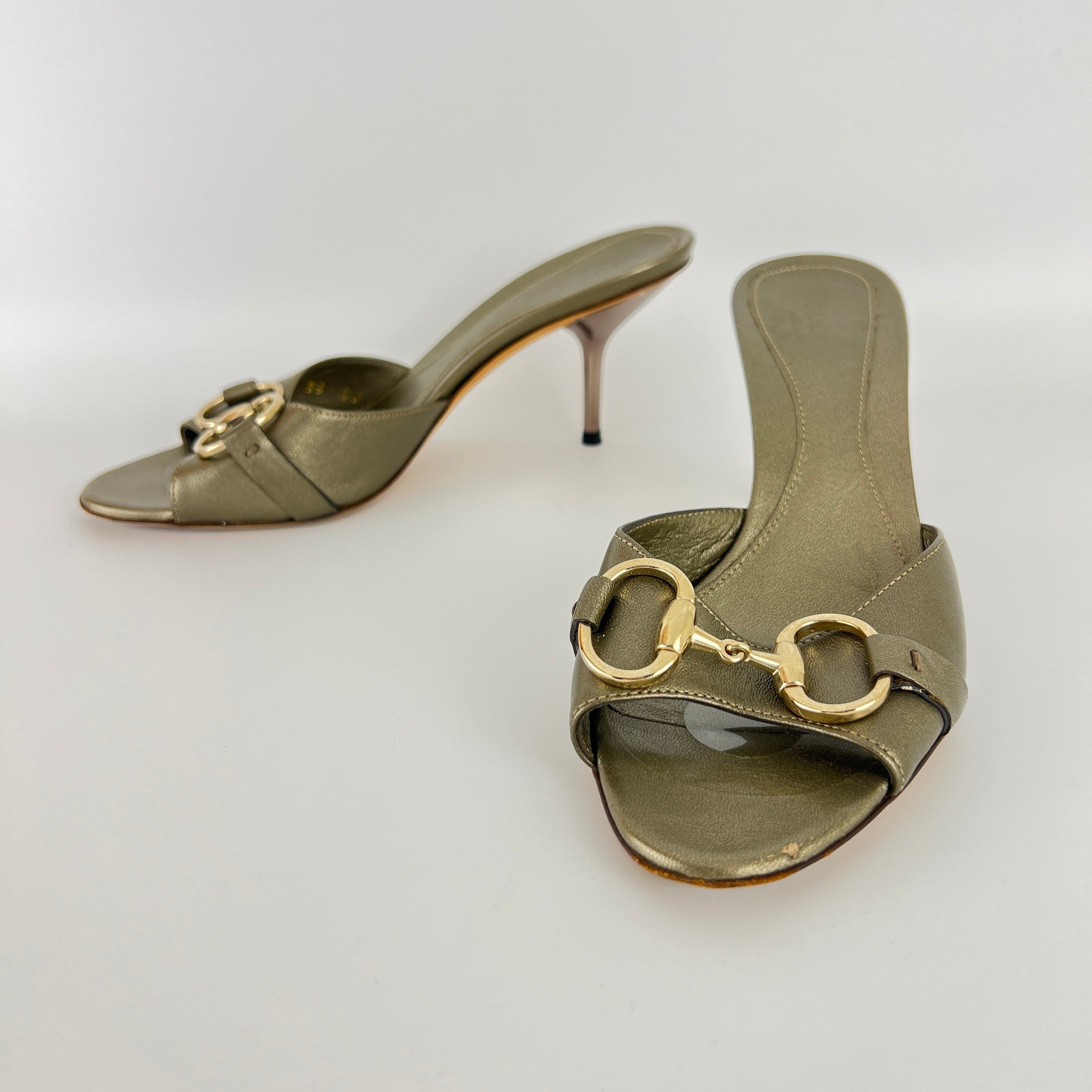 Gucci | Metallic Olive Leather Silver Horse Bit Sandal Stiletto Mules (35)