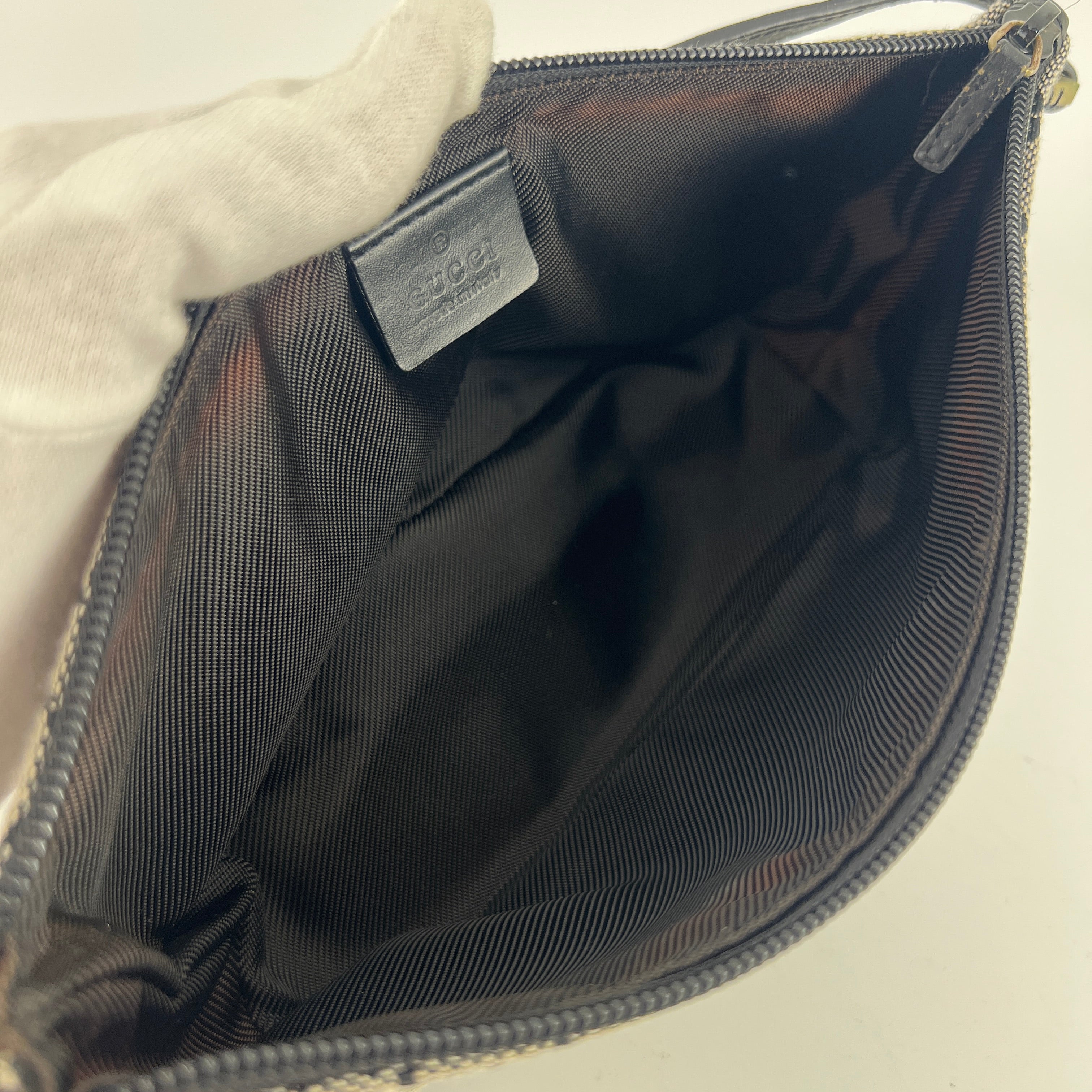 Gucci | Tom Ford Era Boat Pochette GG Monogram Grey Canvas Black Leather Bag