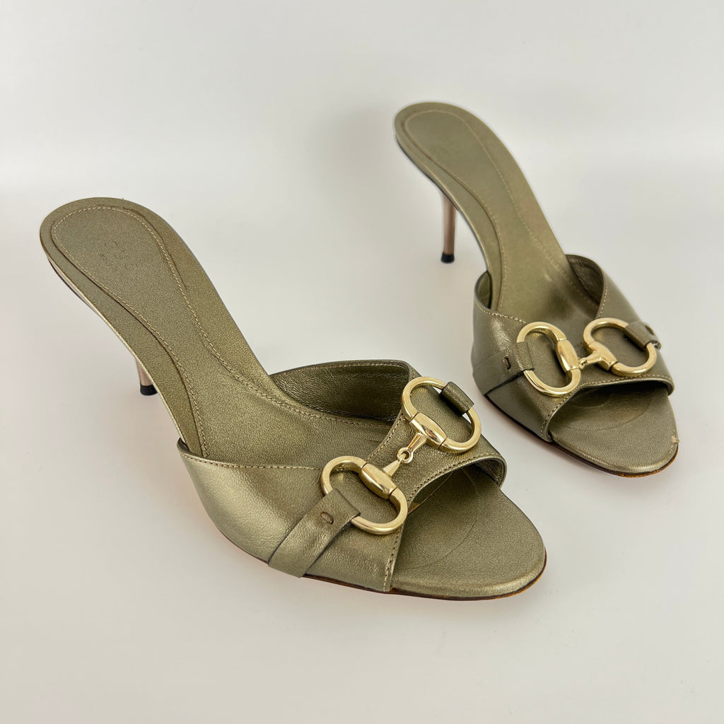 Gucci | Metallic Olive Leather Silver Horse Bit Sandal Stiletto Mules (35)