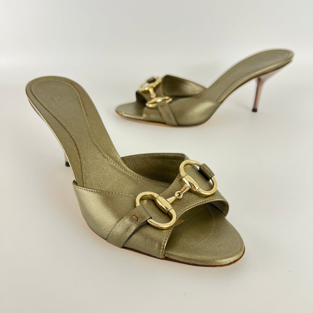 Gucci | Metallic Olive Leather Silver Horse Bit Sandal Stiletto Mules (35)