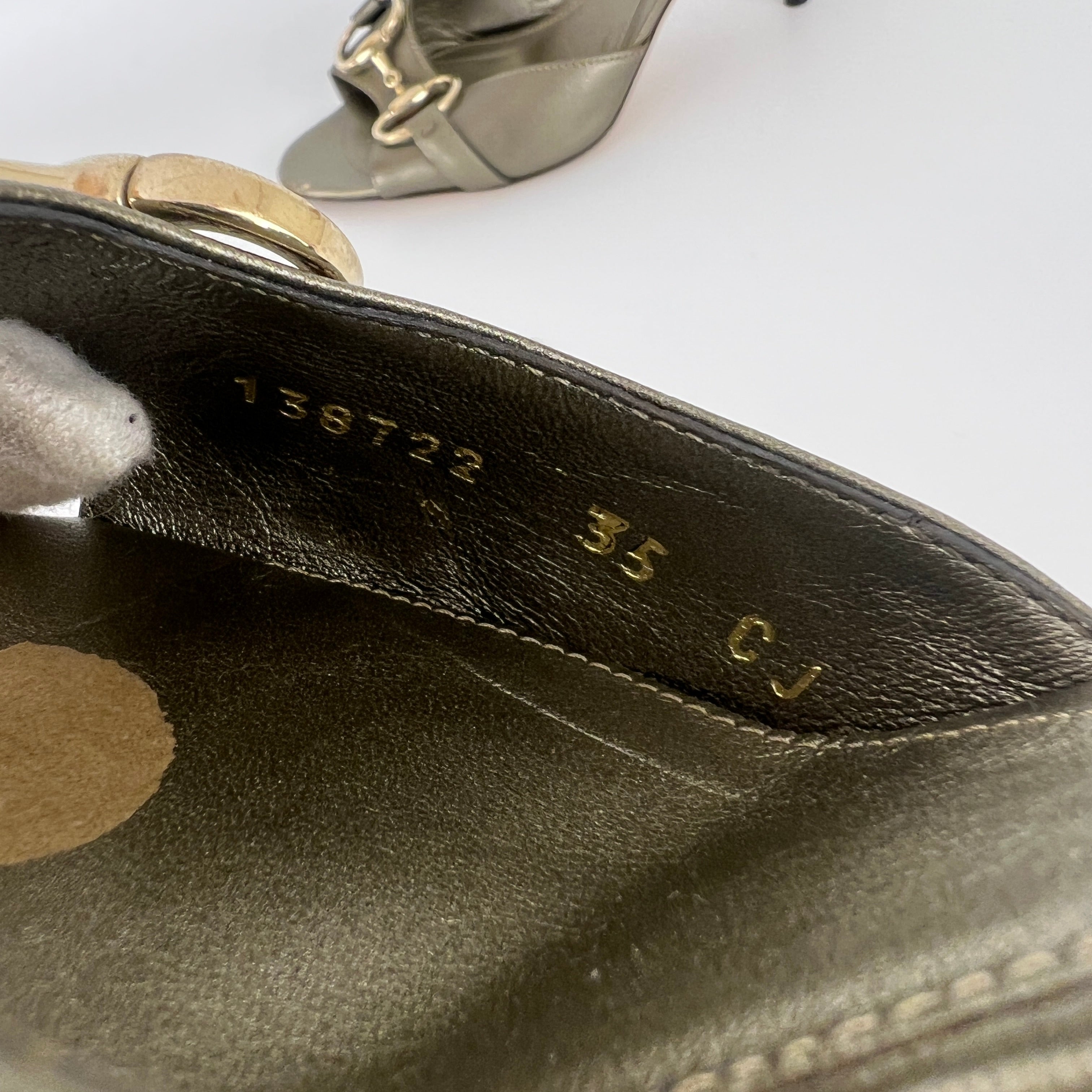 Gucci | Metallic Olive Leather Silver Horse Bit Sandal Stiletto Mules (35)