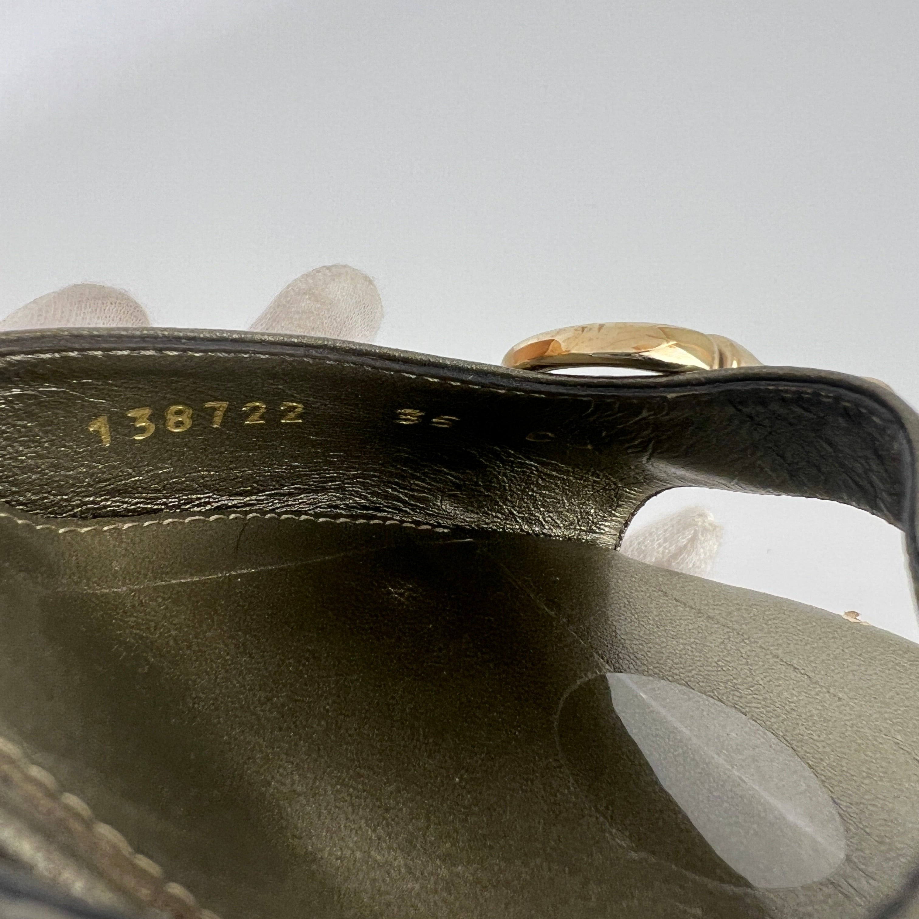 Gucci | Metallic Olive Leather Silver Horse Bit Sandal Stiletto Mules (35)