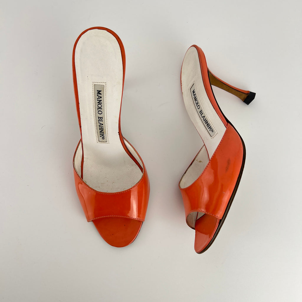 Manolo Blahnik | Jada Orange Patent Leather Slide Sandal Mules (35.5)