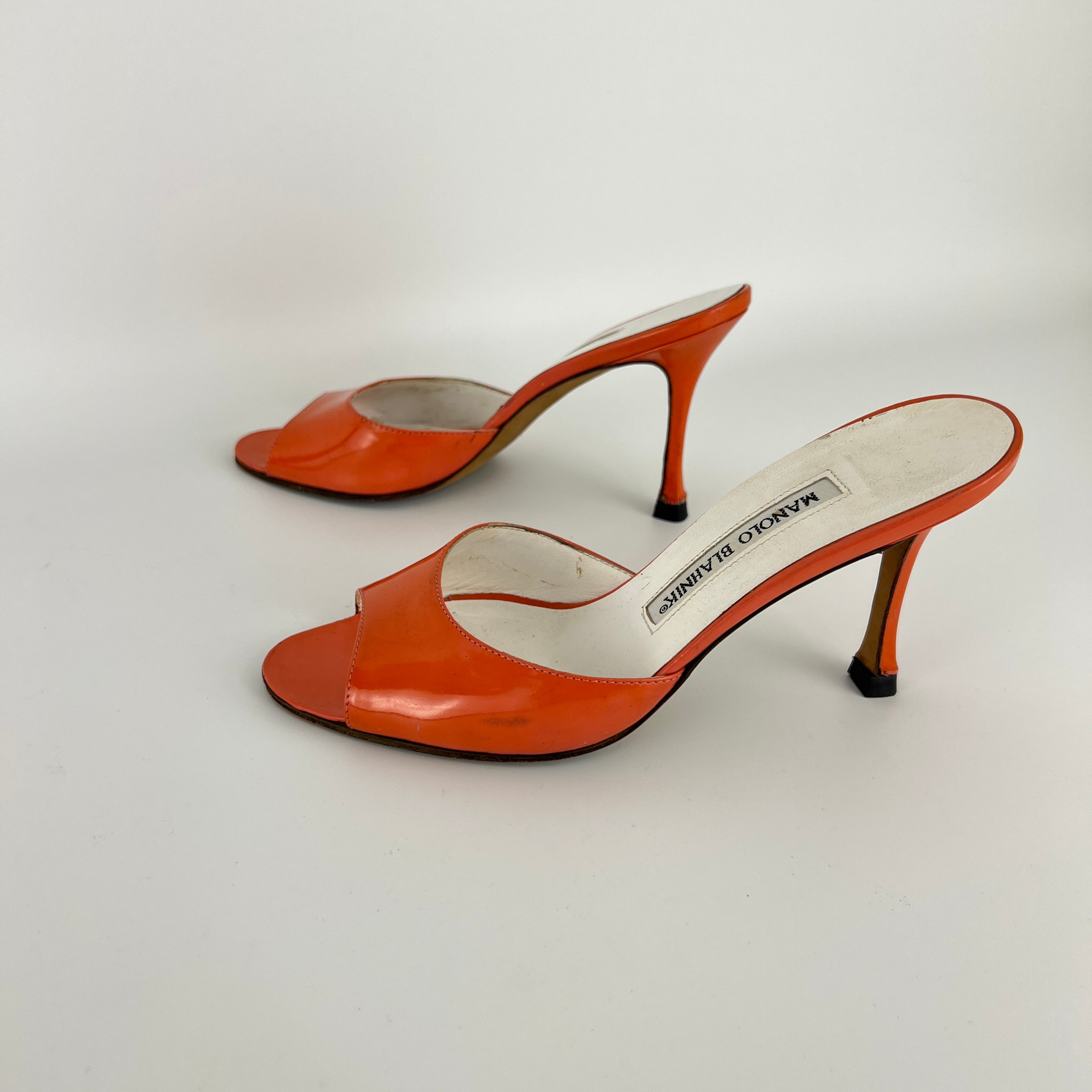 Manolo Blahnik | Jada Orange Patent Leather Slide Sandal Mules (35.5)