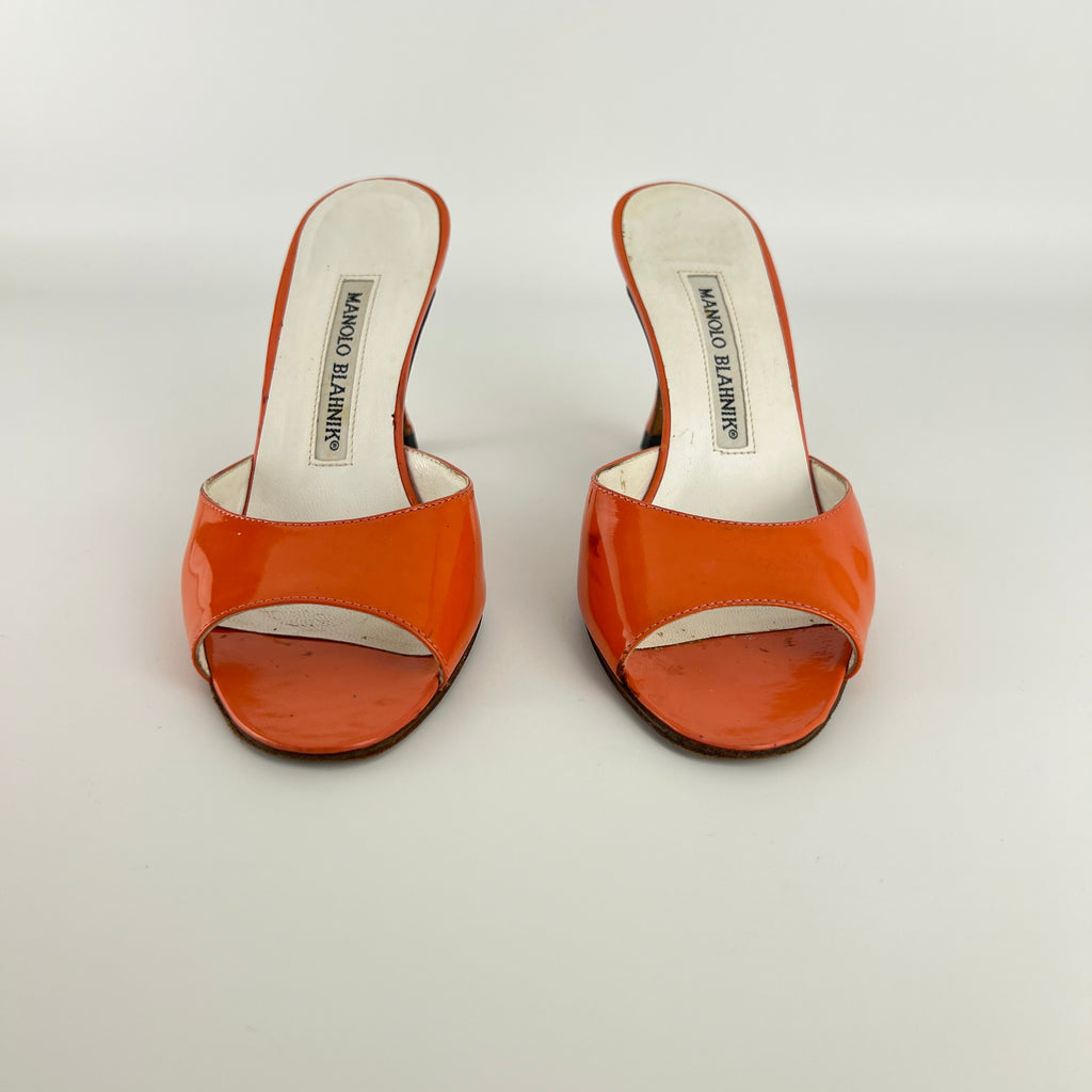 Manolo Blahnik | Jada Orange Patent Leather Slide Sandal Mules (35.5)