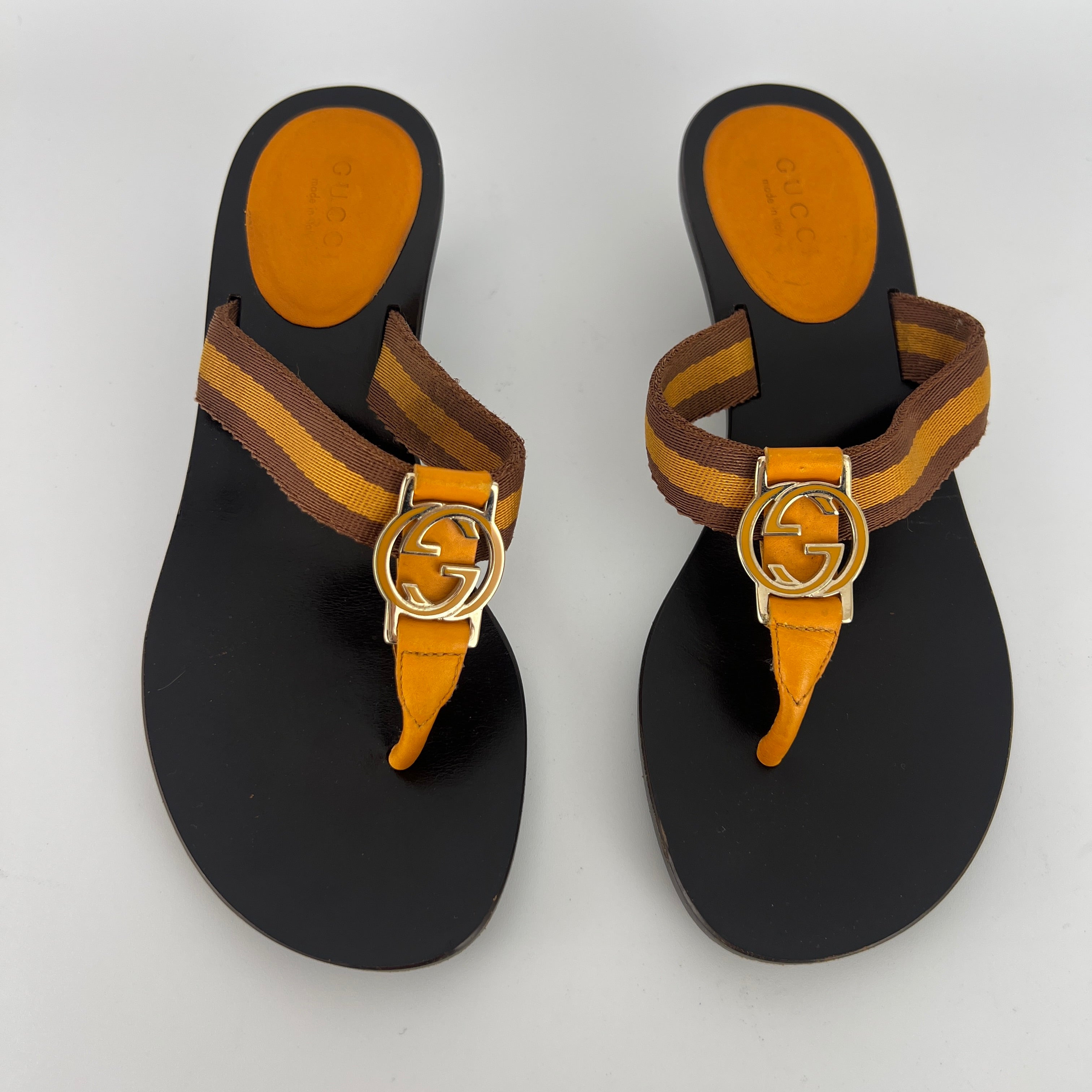 Gucci | Vintage Orange Brown Nylon GG Logo Thong Sandal Kitten Mules (34)