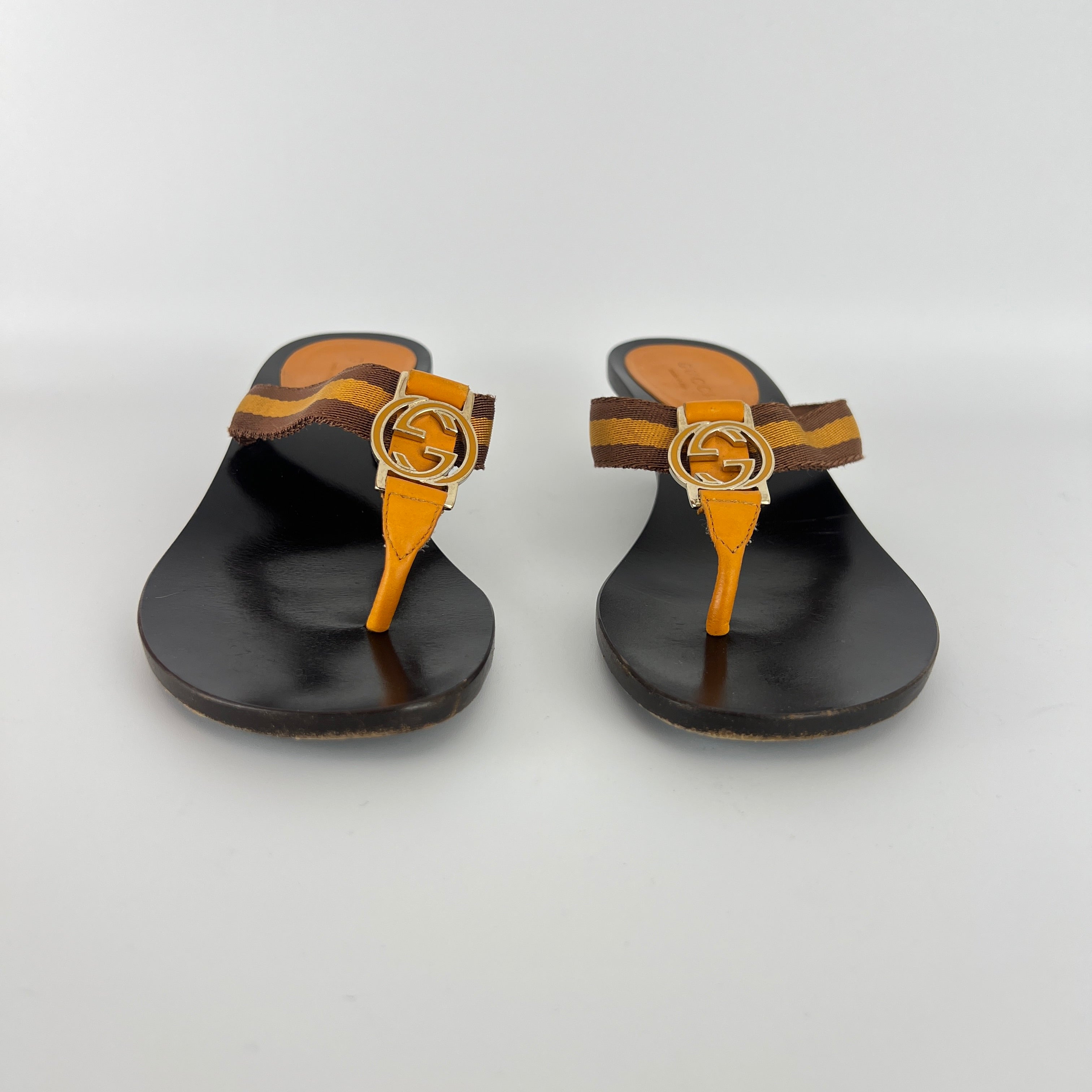 Gucci | Vintage Orange Brown Nylon GG Logo Thong Sandal Kitten Mules (34)