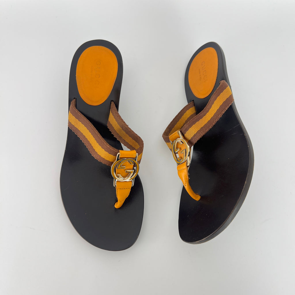 Gucci | Vintage Orange Brown Nylon GG Logo Thong Sandal Kitten Mules (34)