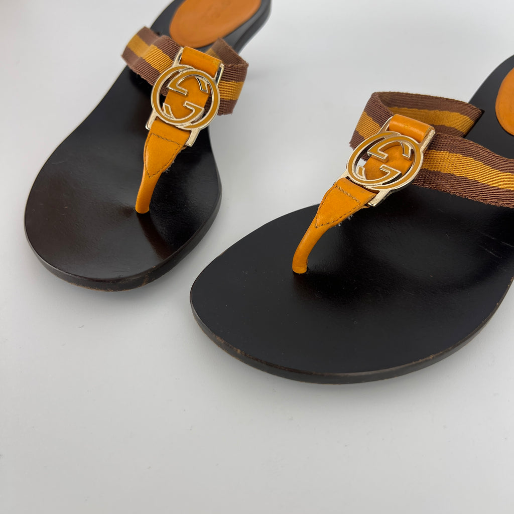Gucci | Vintage Orange Brown Nylon GG Logo Thong Sandal Kitten Mules (34)