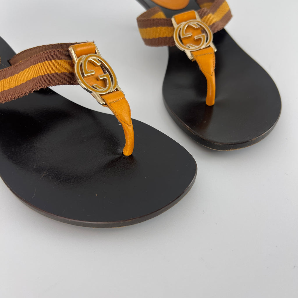 Gucci | Vintage Orange Brown Nylon GG Logo Thong Sandal Kitten Mules (34)
