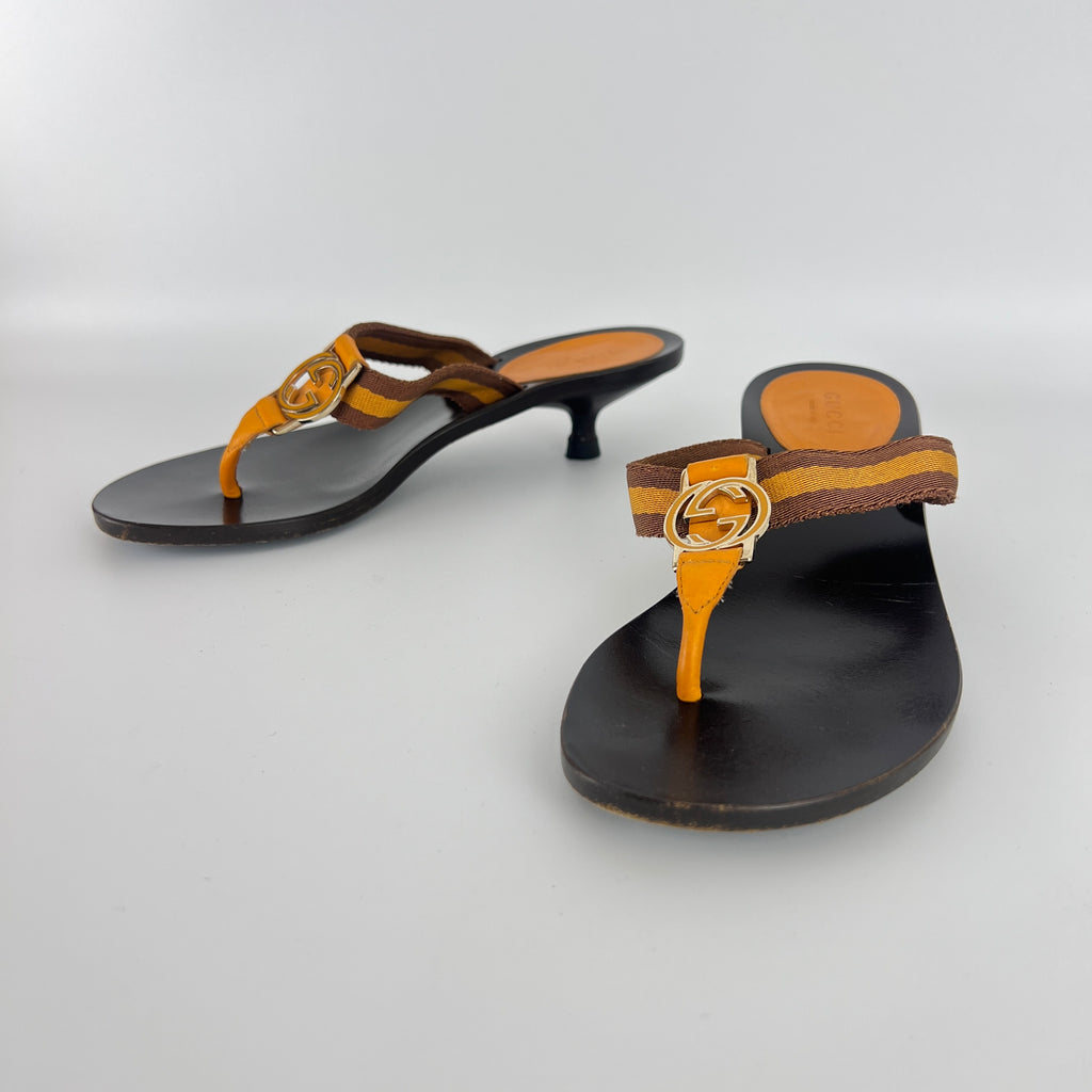 Gucci | Vintage Orange Brown Nylon GG Logo Thong Sandal Kitten Mules (34)