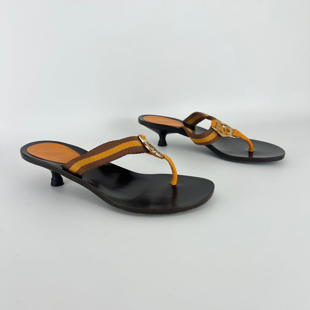 Gucci | Vintage Orange Brown Nylon GG Logo Thong Sandal Kitten Mules (34)