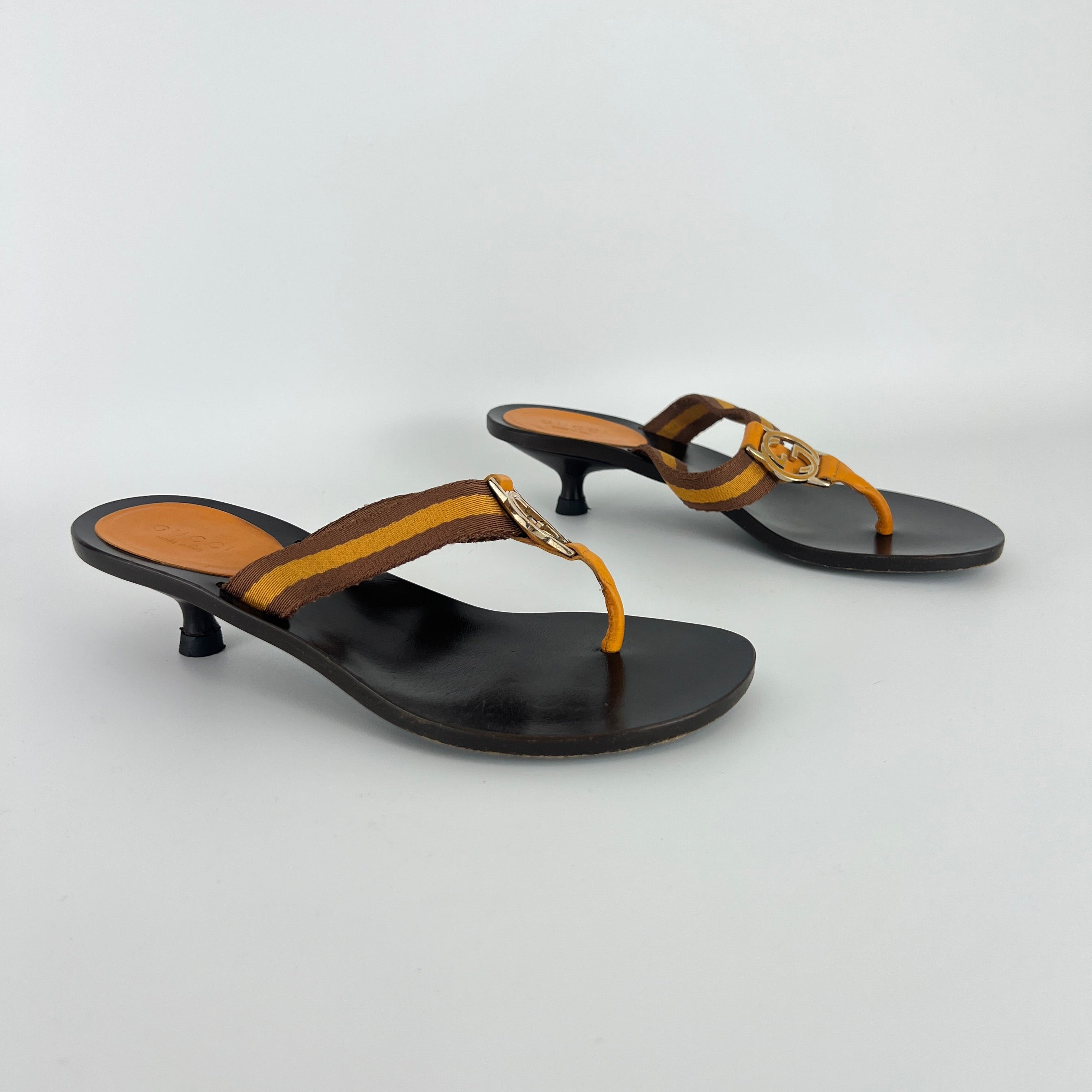 Gucci | Vintage Orange Brown Nylon GG Logo Thong Sandal Kitten Mules (34)