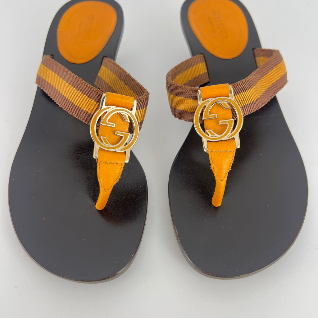Gucci | Vintage Orange Brown Nylon GG Logo Thong Sandal Kitten Mules (34)