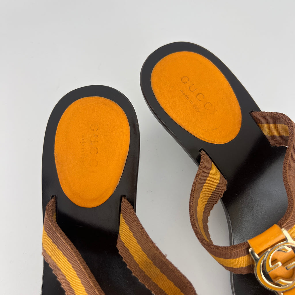 Gucci | Vintage Orange Brown Nylon GG Logo Thong Sandal Kitten Mules (34)