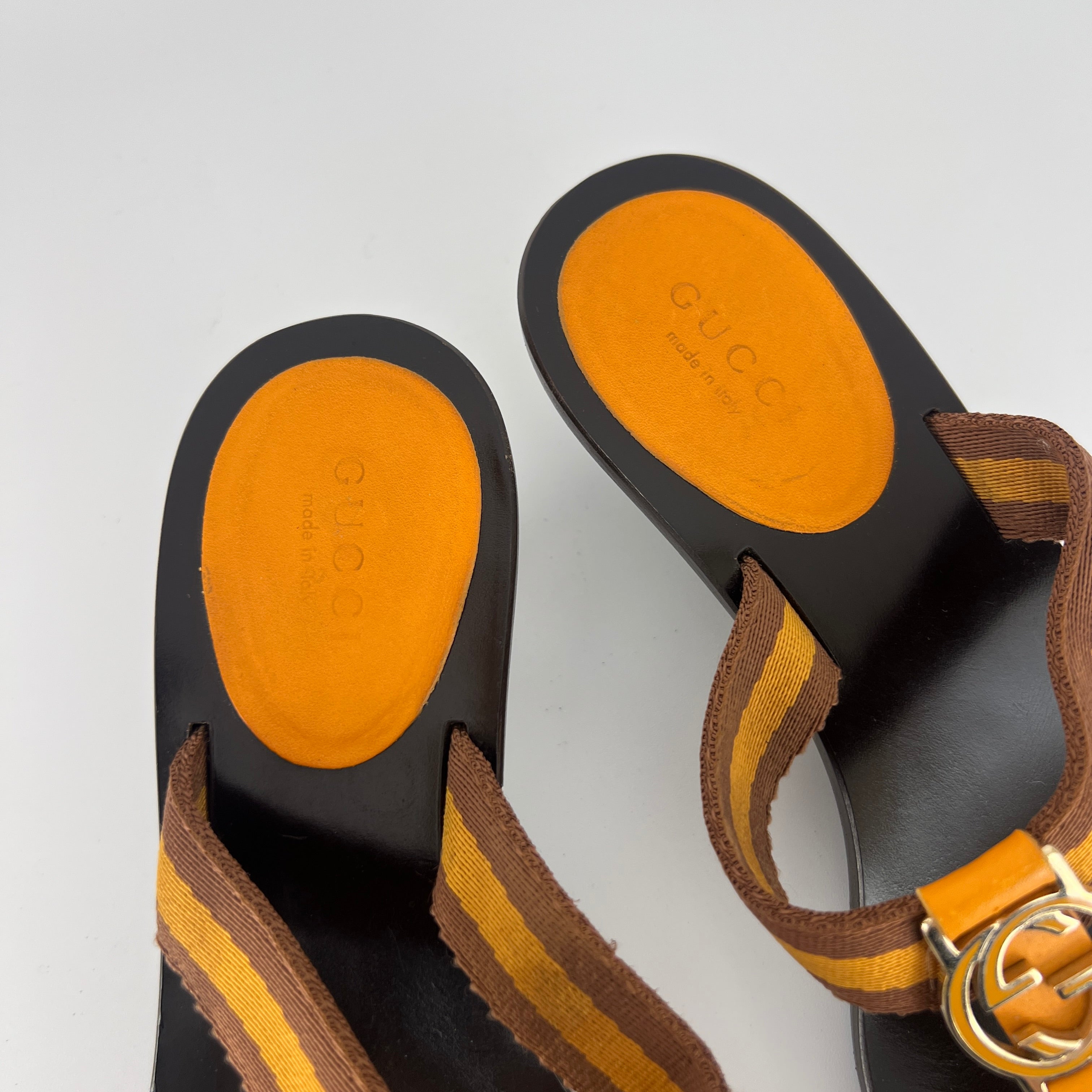 Gucci | Vintage Orange Brown Nylon GG Logo Thong Sandal Kitten Mules (34)