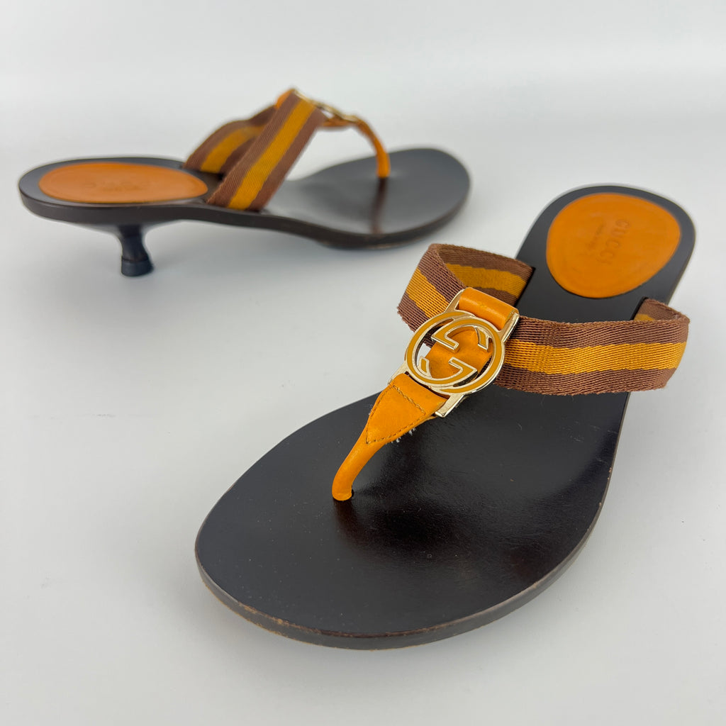 Gucci | Vintage Orange Brown Nylon GG Logo Thong Sandal Kitten Mules (34)