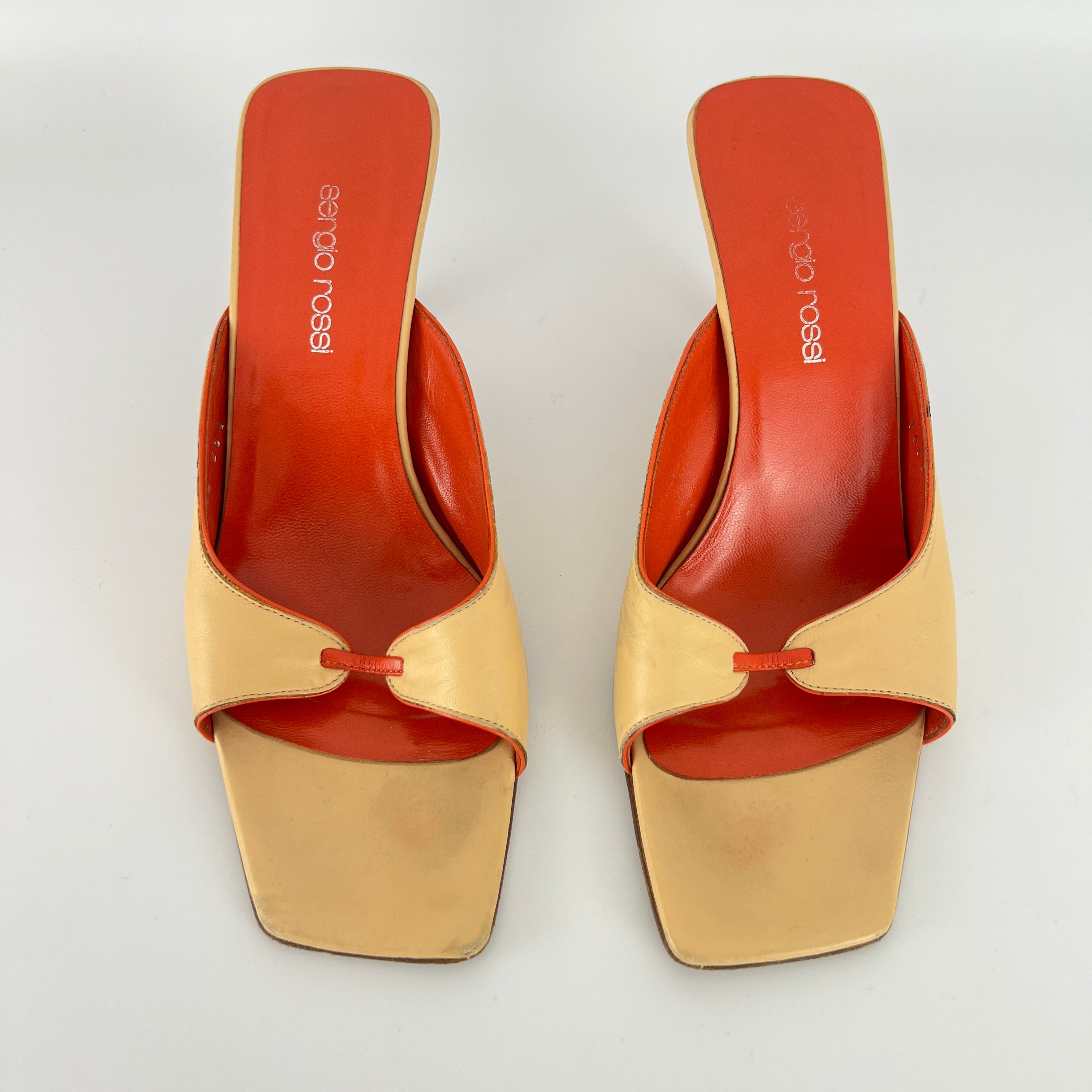Sergio Rossi | Beige Nude Red Leather Strap Slide Sandal Mules (36.5)