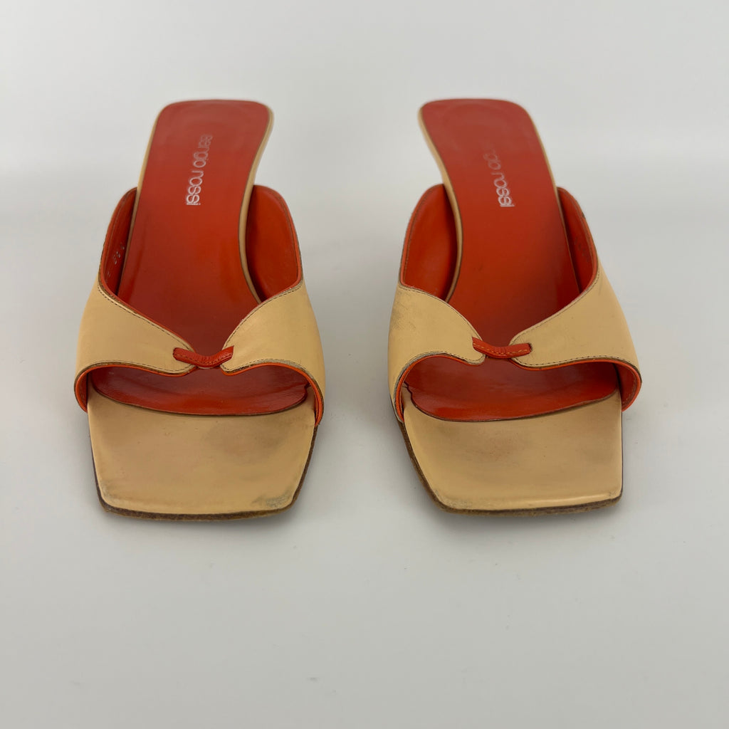 Sergio Rossi | Beige Nude Red Leather Strap Slide Sandal Mules (36.5)