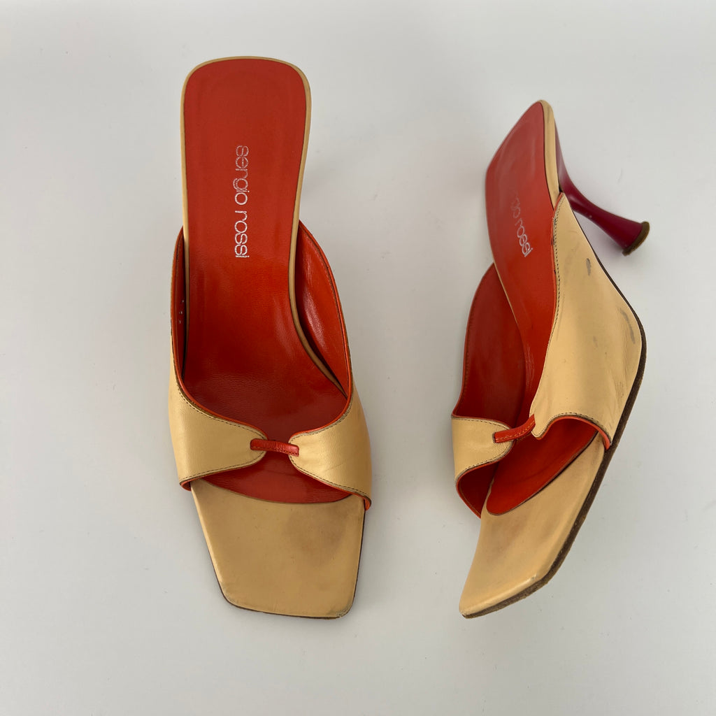 Sergio Rossi | Beige Nude Red Leather Strap Slide Sandal Mules (36.5)