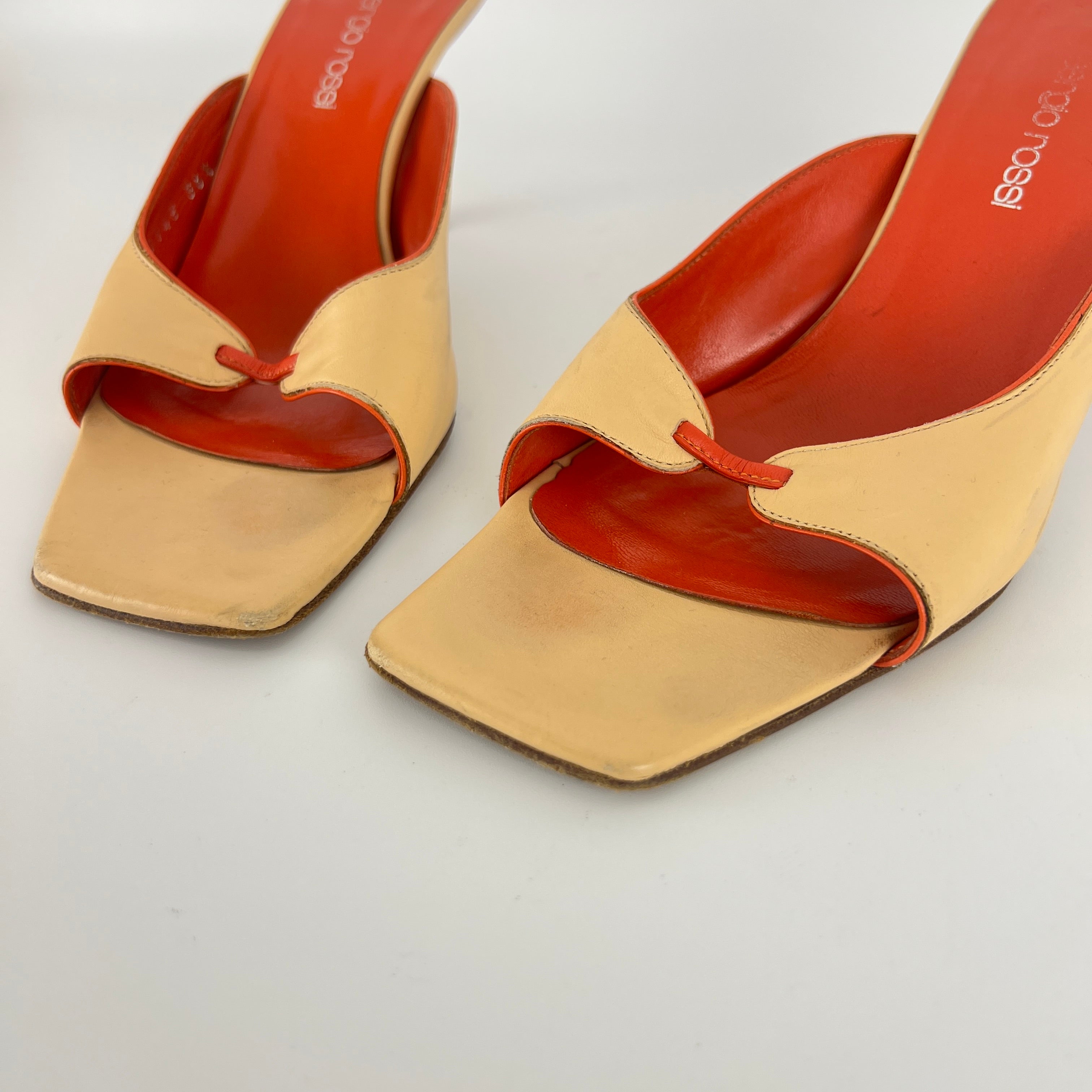 Sergio Rossi | Beige Nude Red Leather Strap Slide Sandal Mules (36.5)