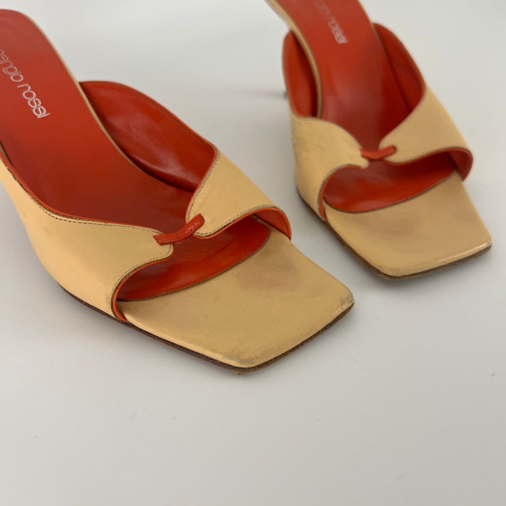 Sergio Rossi | Beige Nude Red Leather Strap Slide Sandal Mules (36.5)
