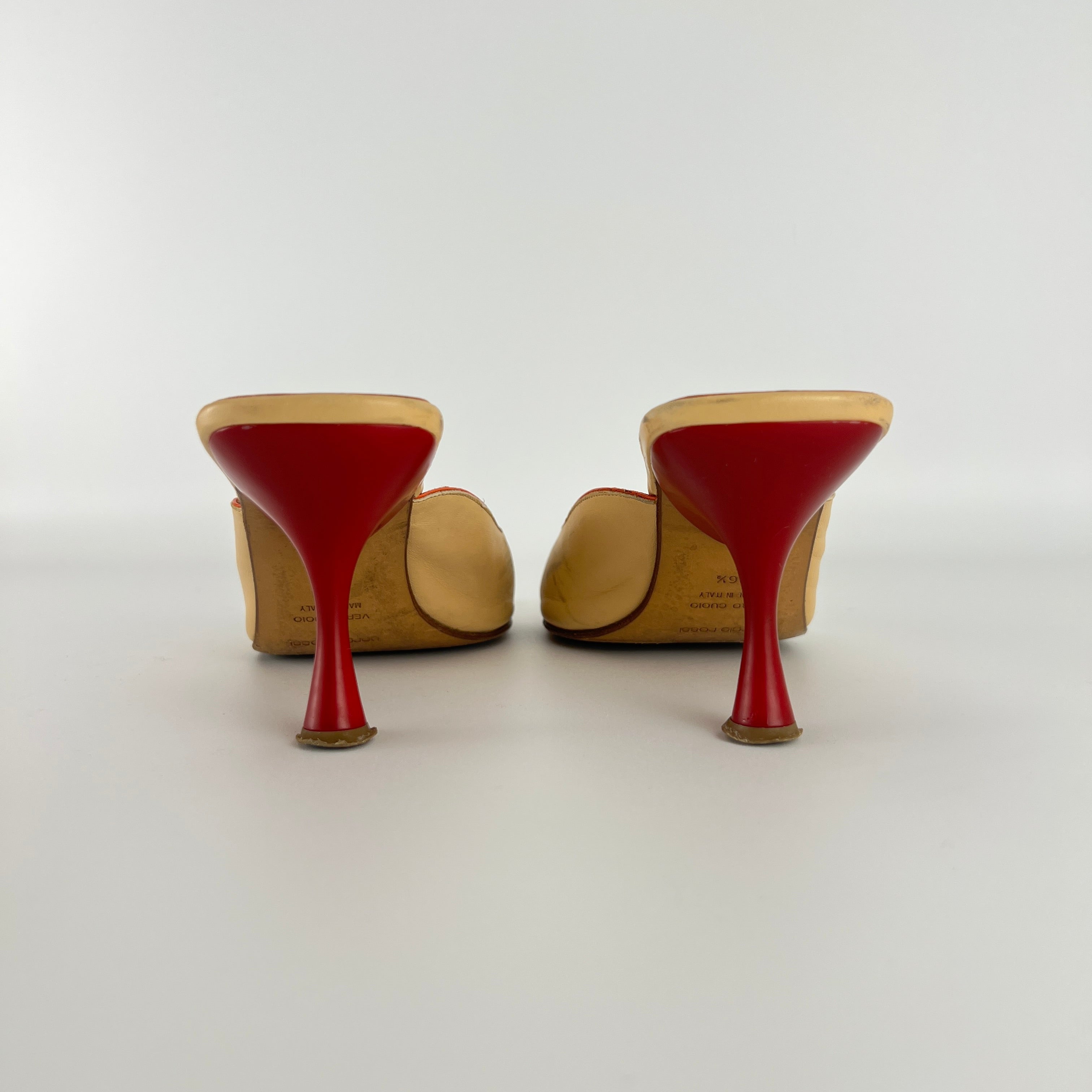 Sergio Rossi | Beige Nude Red Leather Strap Slide Sandal Mules (36.5)