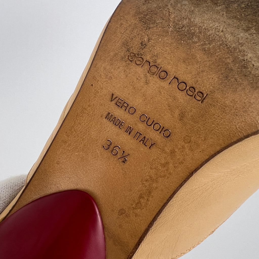 Sergio Rossi | Beige Nude Red Leather Strap Slide Sandal Mules (36.5)