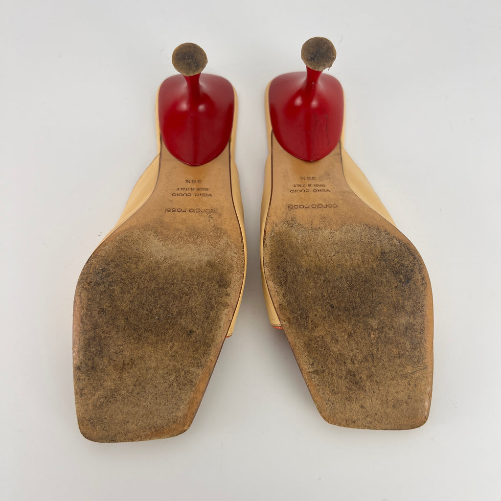 Sergio Rossi | Beige Nude Red Leather Strap Slide Sandal Mules (36.5)