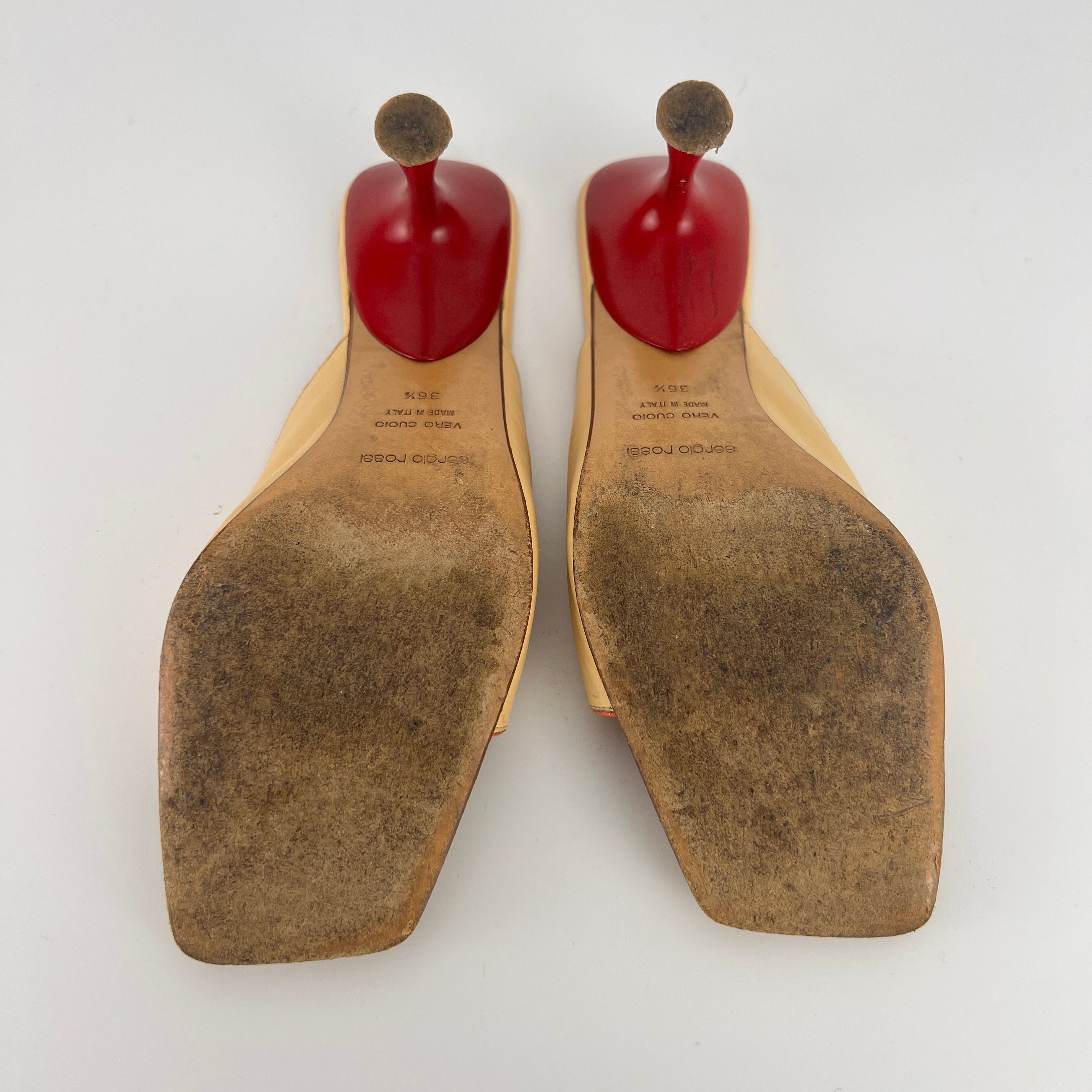 Sergio Rossi | Beige Nude Red Leather Strap Slide Sandal Mules (36.5)