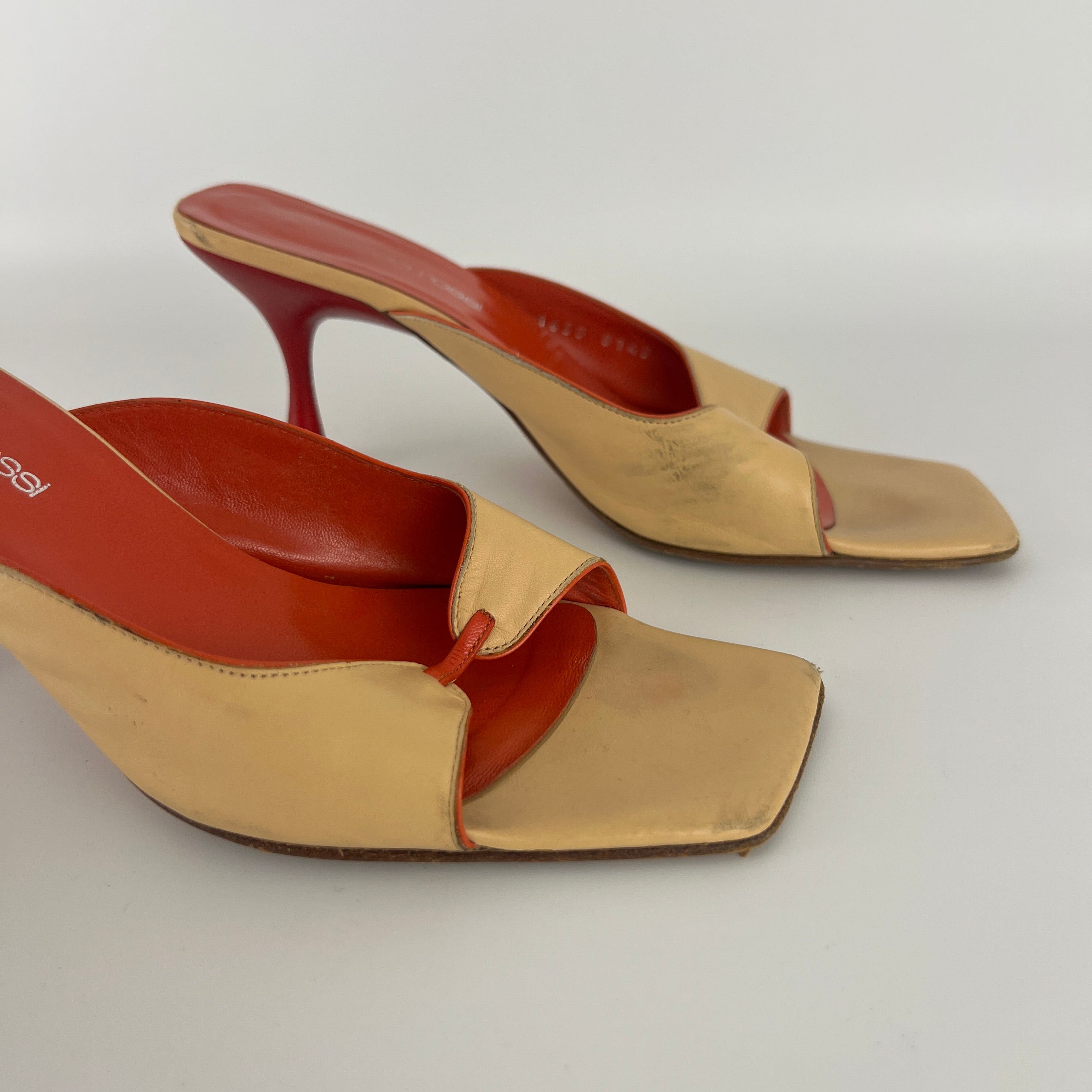 Sergio Rossi | Beige Nude Red Leather Strap Slide Sandal Mules (36.5)