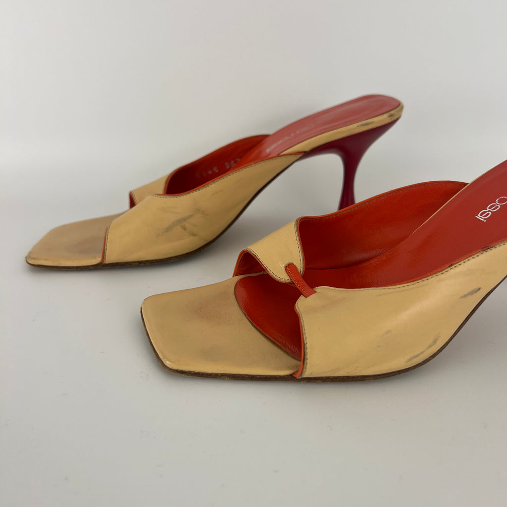 Sergio Rossi | Beige Nude Red Leather Strap Slide Sandal Mules (36.5)