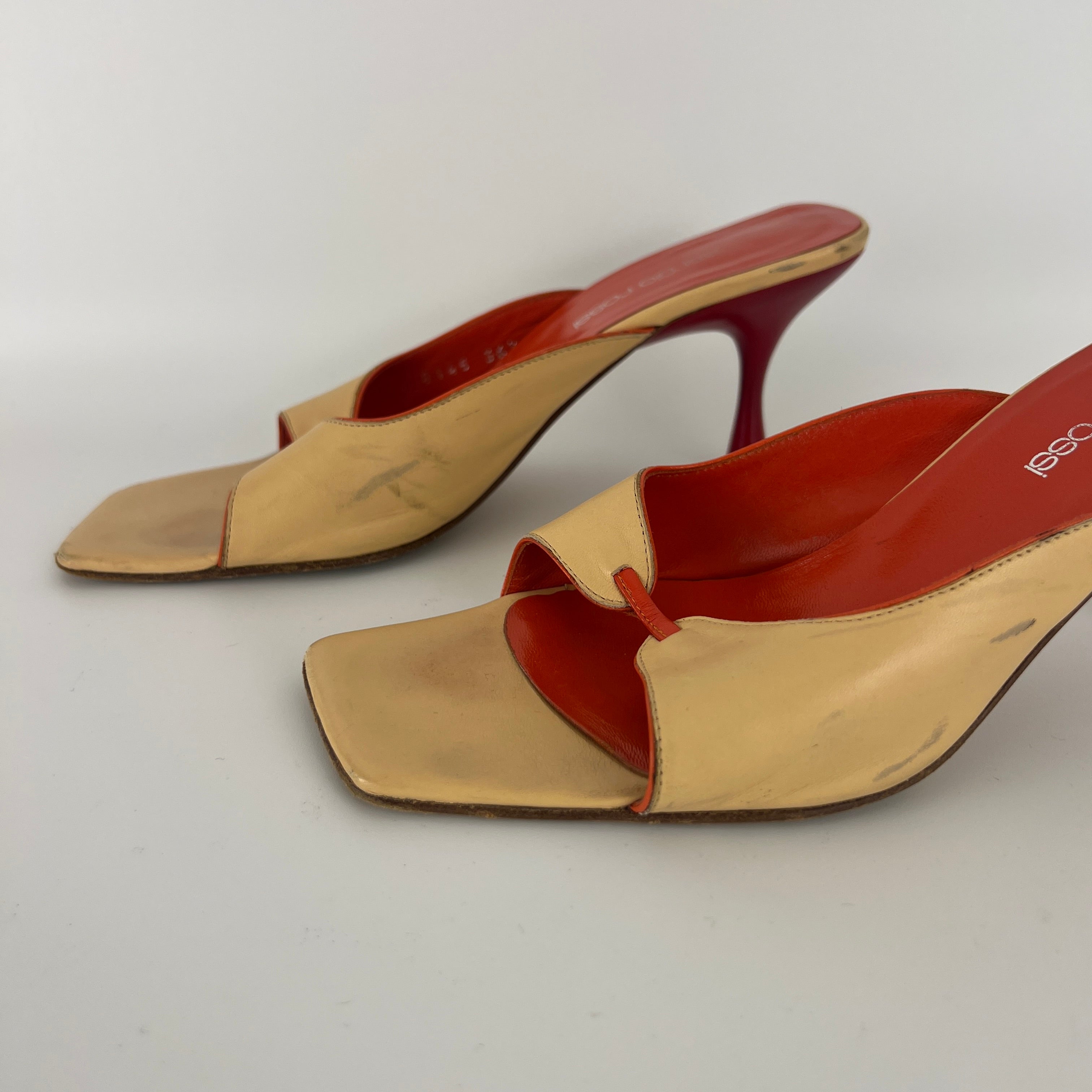 Sergio Rossi | Beige Nude Red Leather Strap Slide Sandal Mules (36.5)
