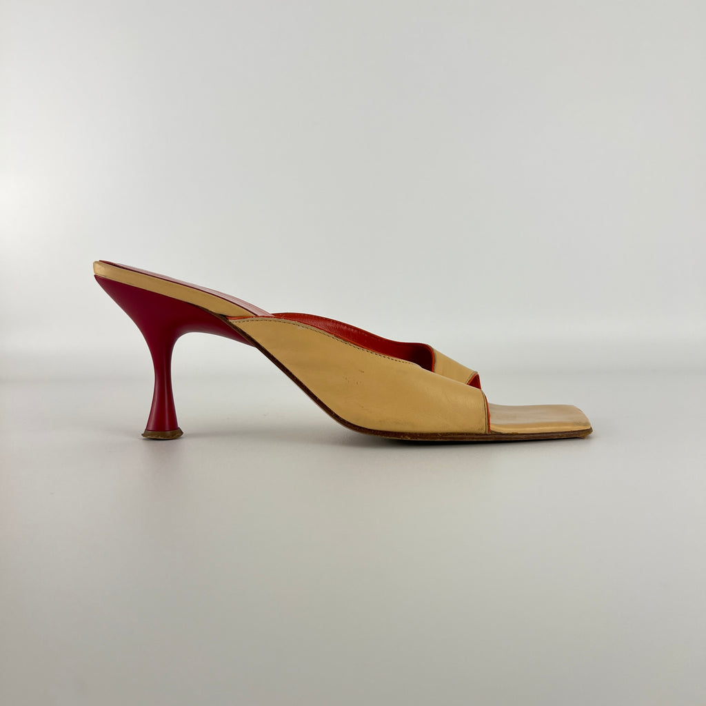 Sergio Rossi | Beige Nude Red Leather Strap Slide Sandal Mules (36.5)