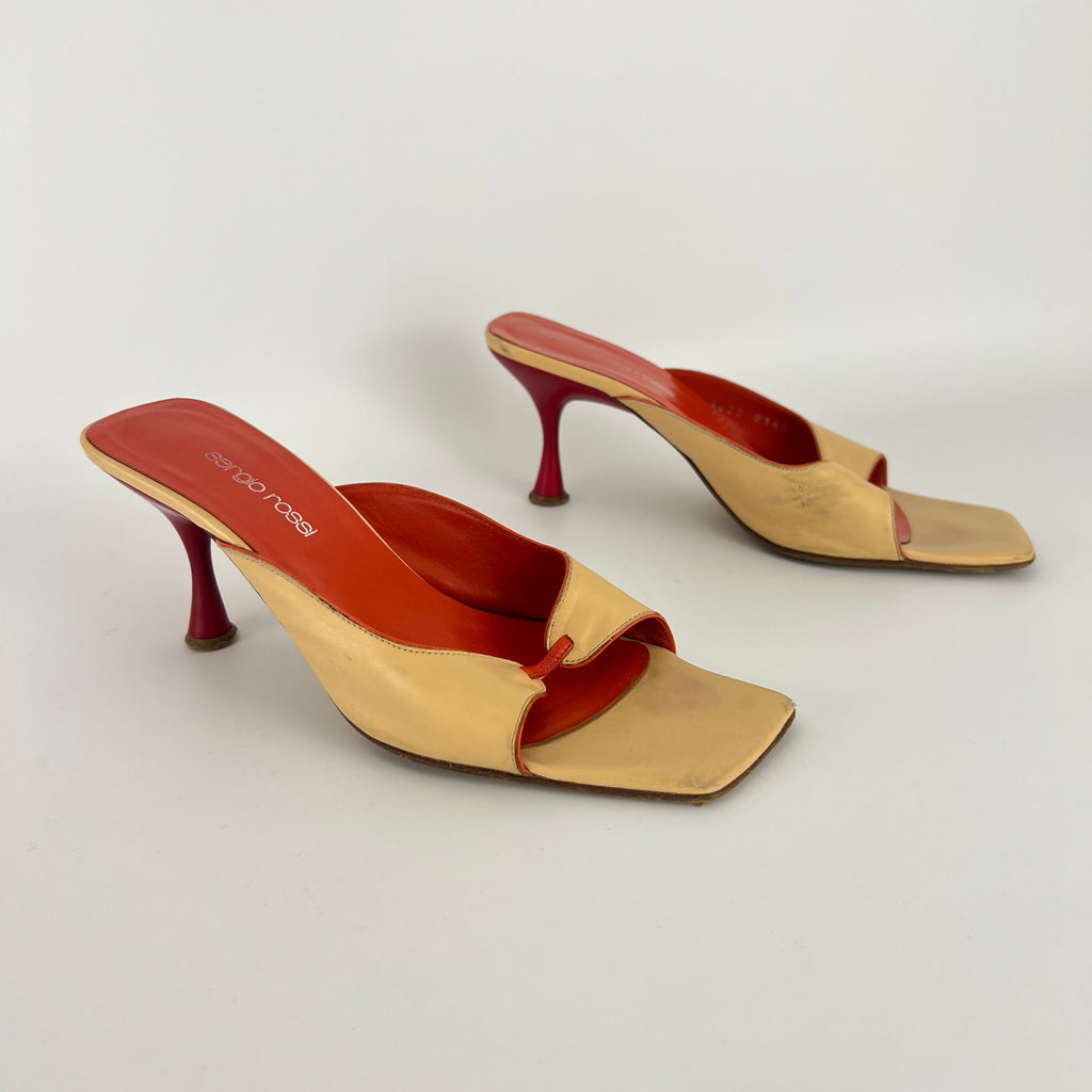 Sergio Rossi | Beige Nude Red Leather Strap Slide Sandal Mules (36.5)