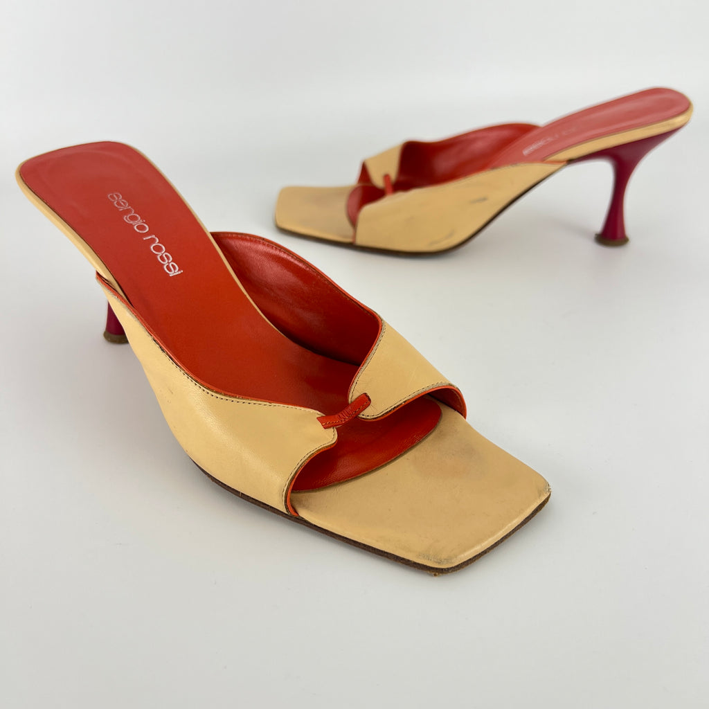 Sergio Rossi | Beige Nude Red Leather Strap Slide Sandal Mules (36.5)