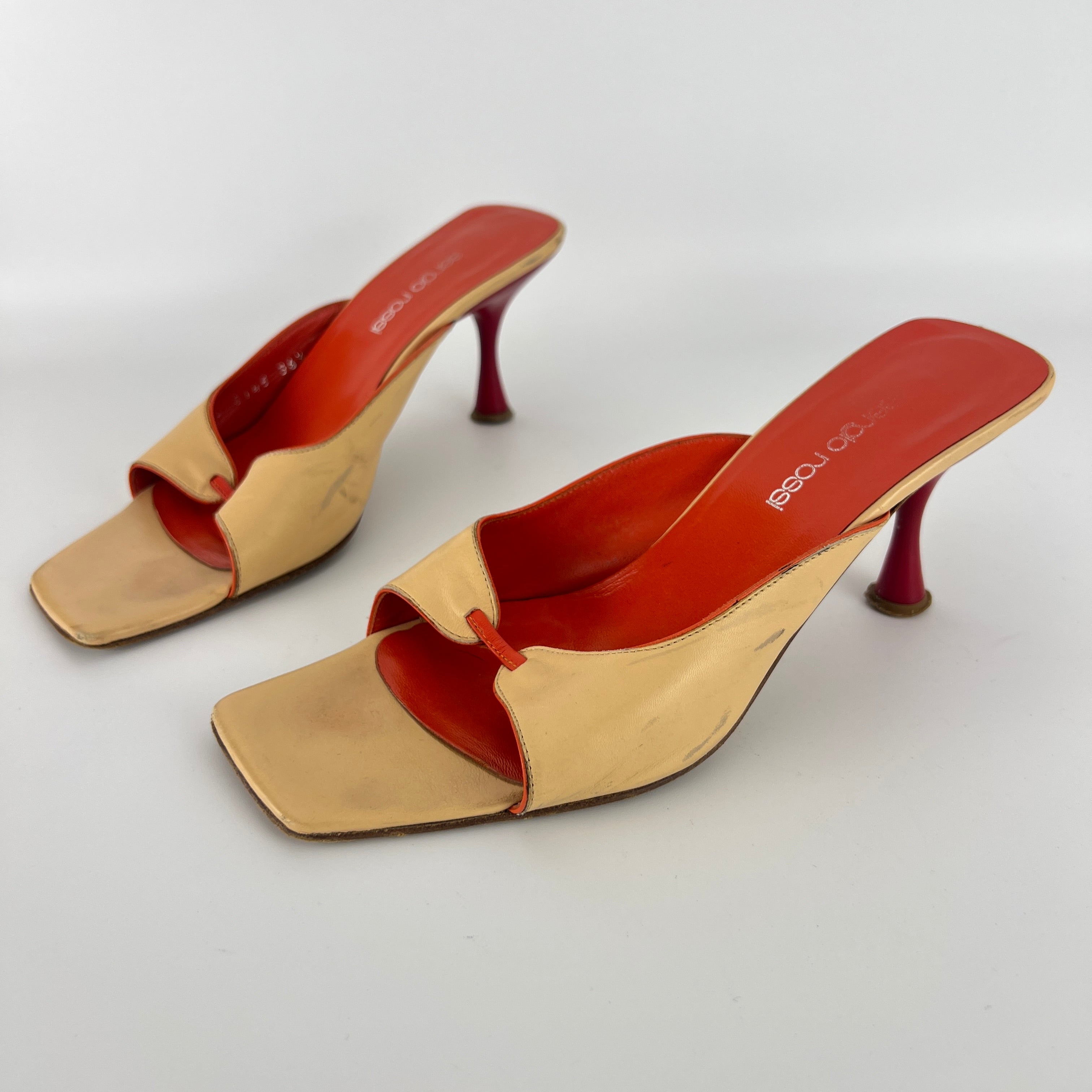 Sergio Rossi | Beige Nude Red Leather Strap Slide Sandal Mules (36.5)