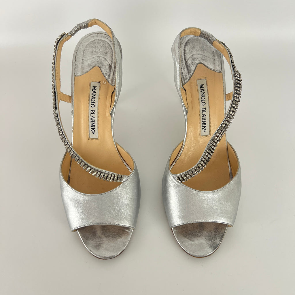 Manolo Blahnik | Silver Leather Crystal Embellished Strap Slingback (39)