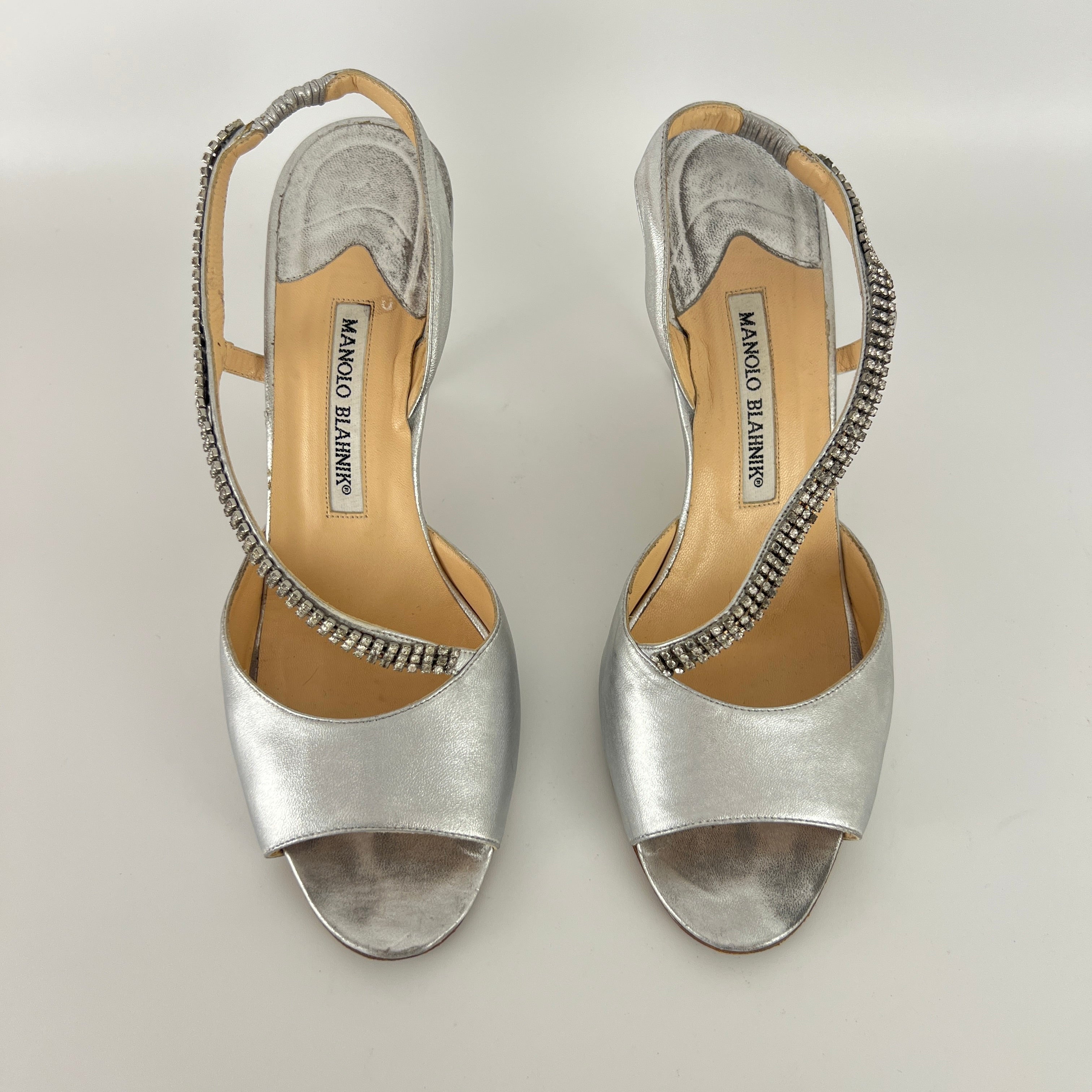 Manolo Blahnik | Silver Leather Crystal Embellished Strap Slingback (39)