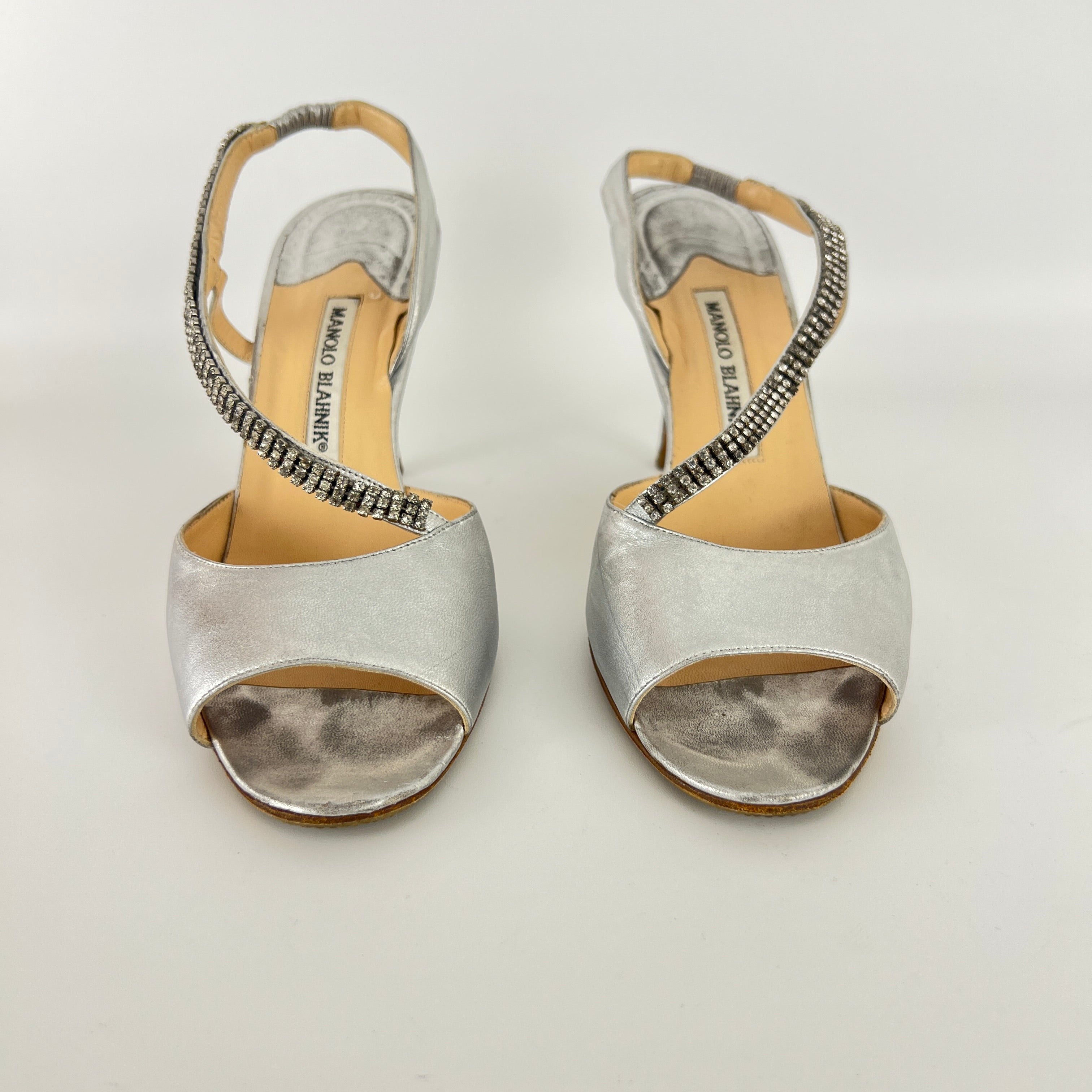 Manolo Blahnik | Silver Leather Crystal Embellished Strap Slingback (39)