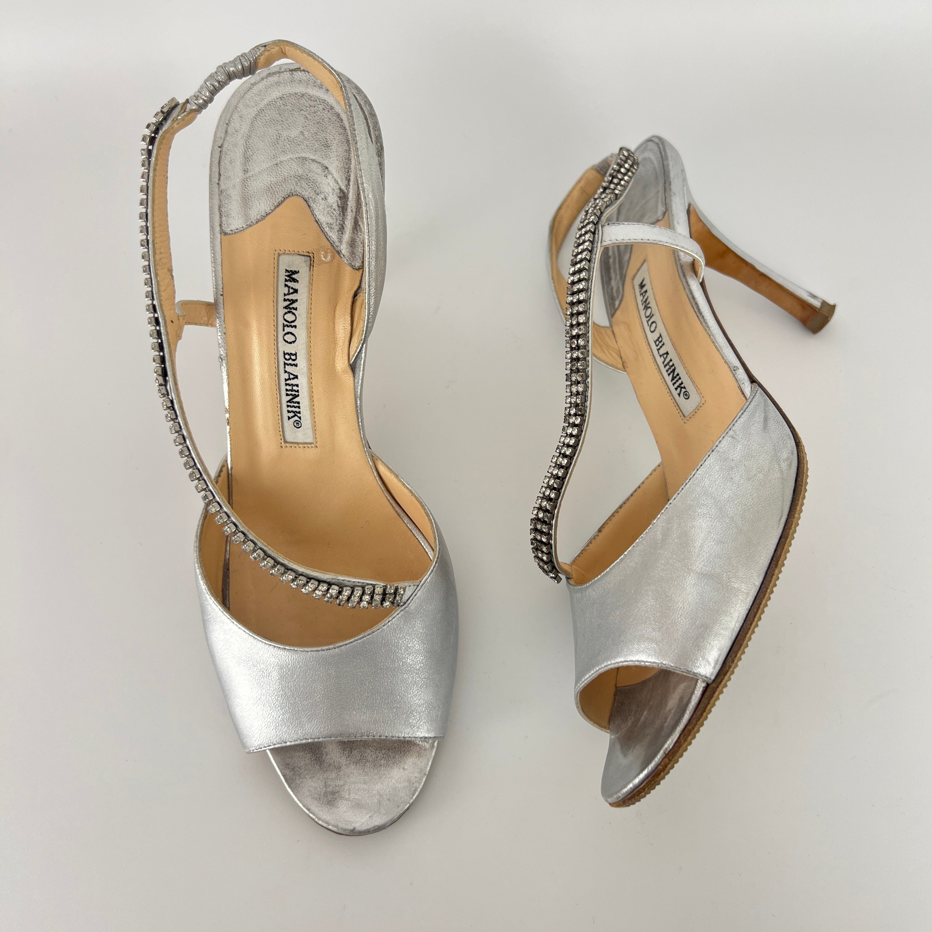 Manolo Blahnik | Silver Leather Crystal Embellished Strap Slingback (39)